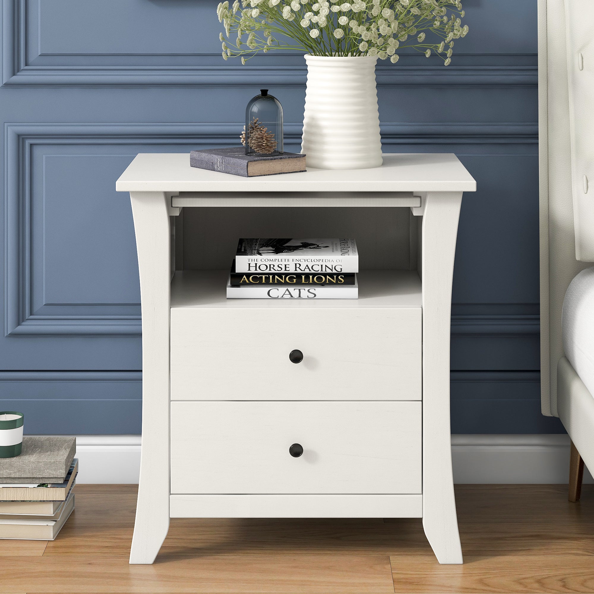 2-Drawer Wood Nightstand with Exterior Shelves