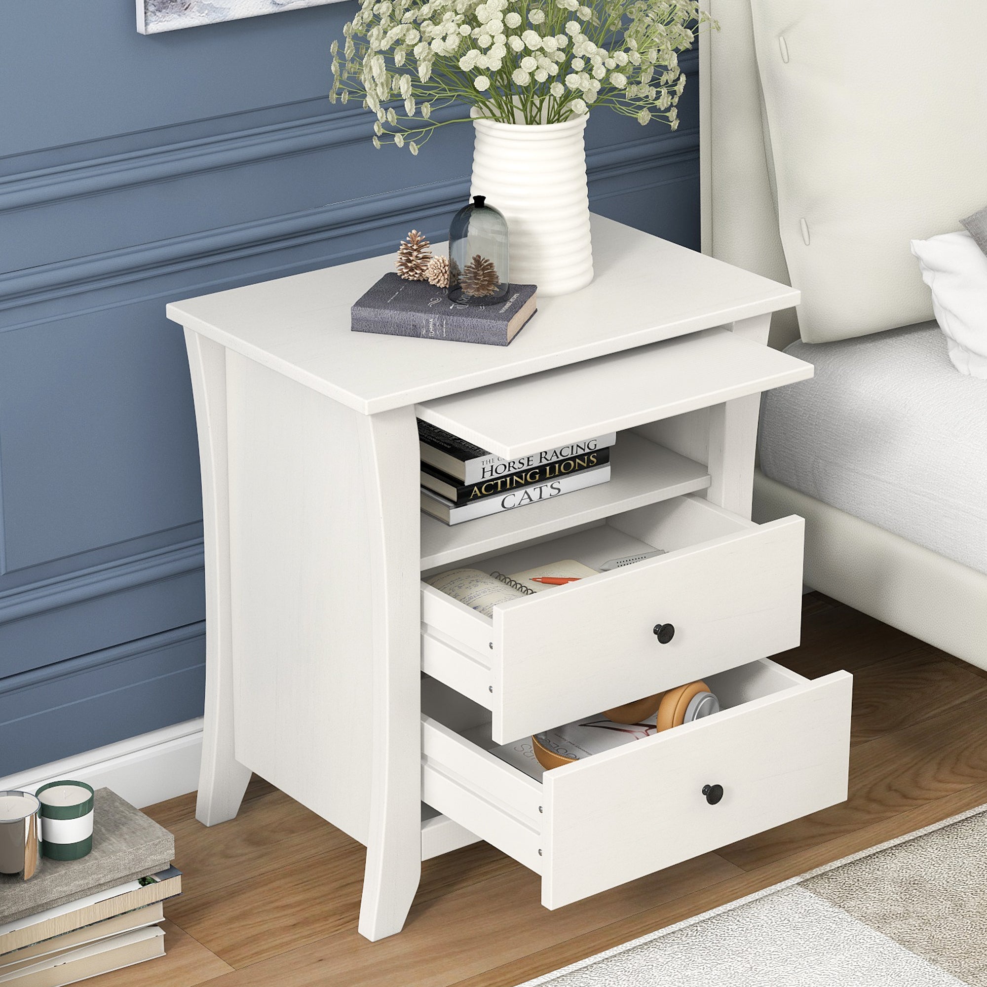 2-Drawer Wood Nightstand with Exterior Shelves