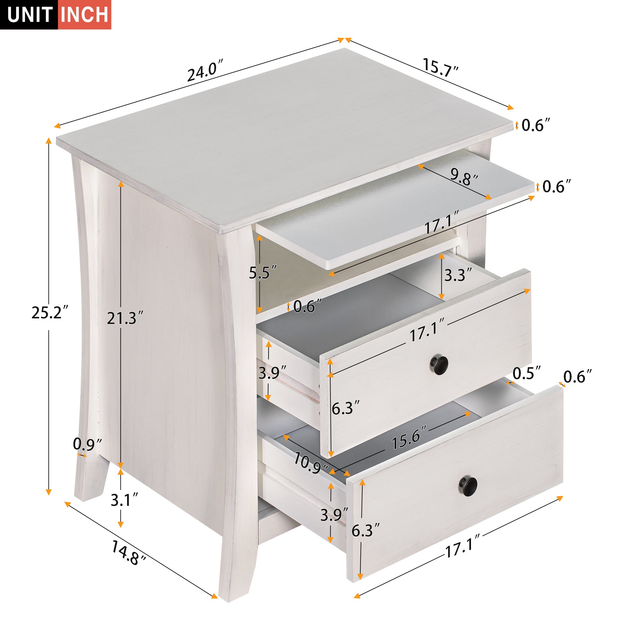 2-Drawer Wood Nightstand with Exterior Shelves