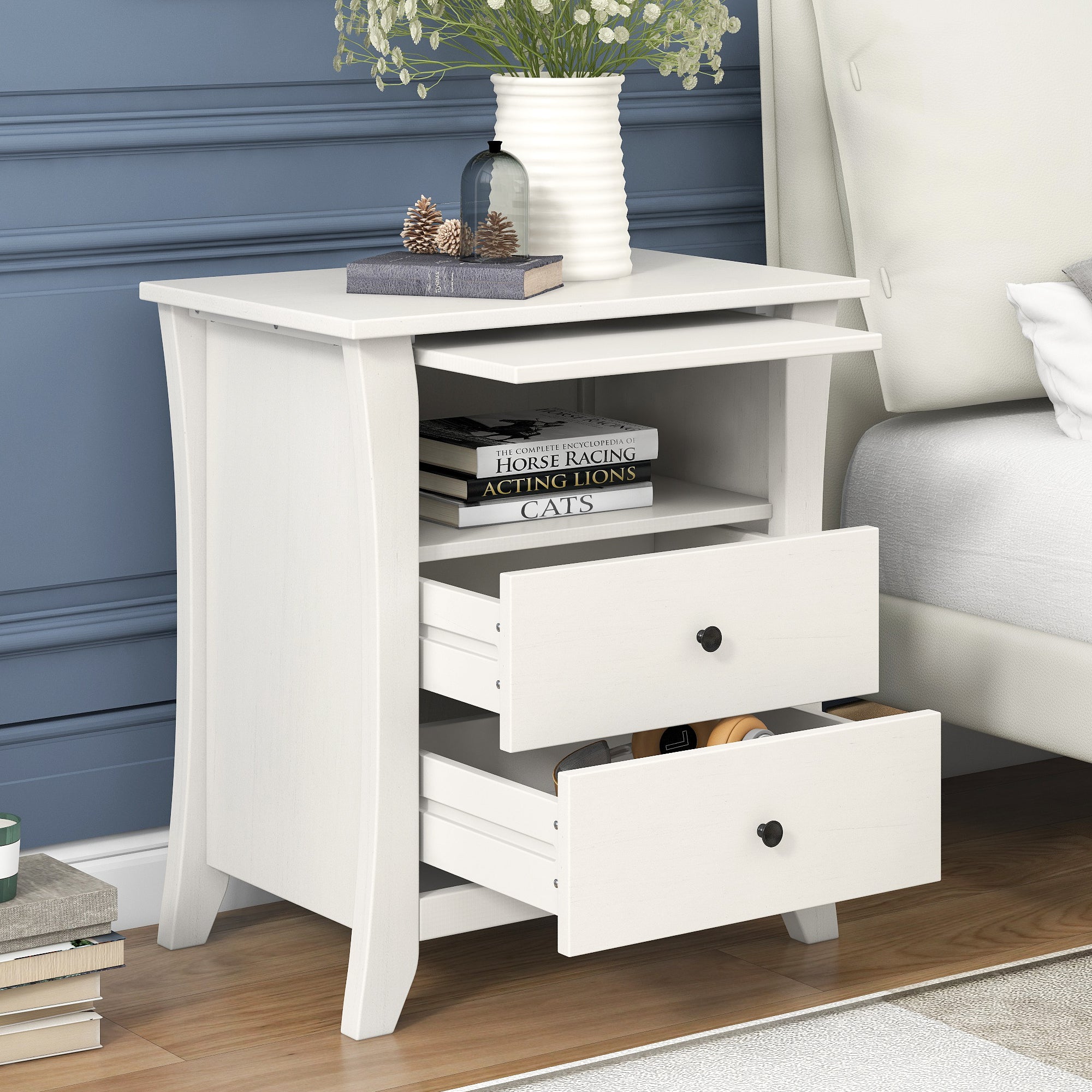 2-Drawer Wood Nightstand with Exterior Shelves