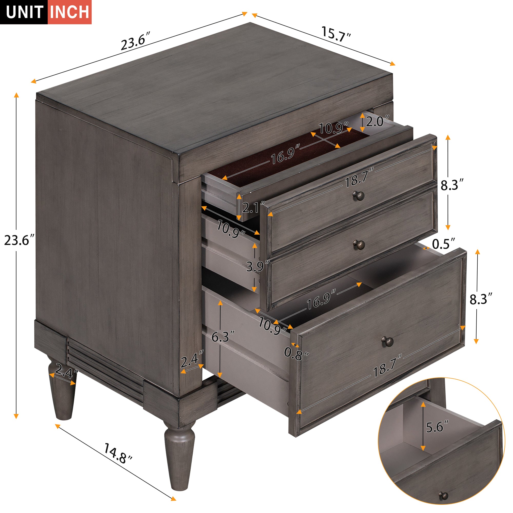 3-Drawer Wood Nightstand