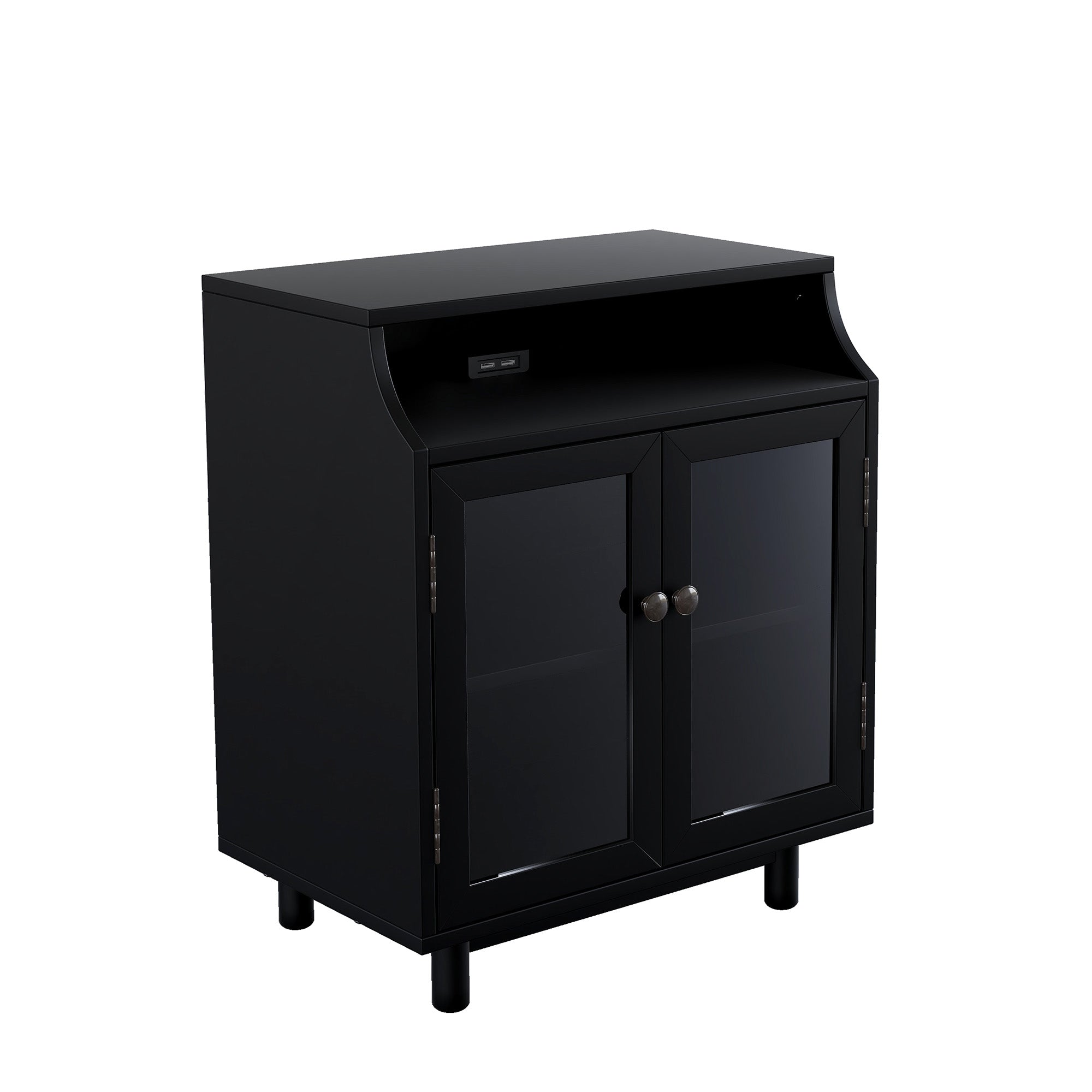 Wood Nightstand with Storage Shelves and Glass Door