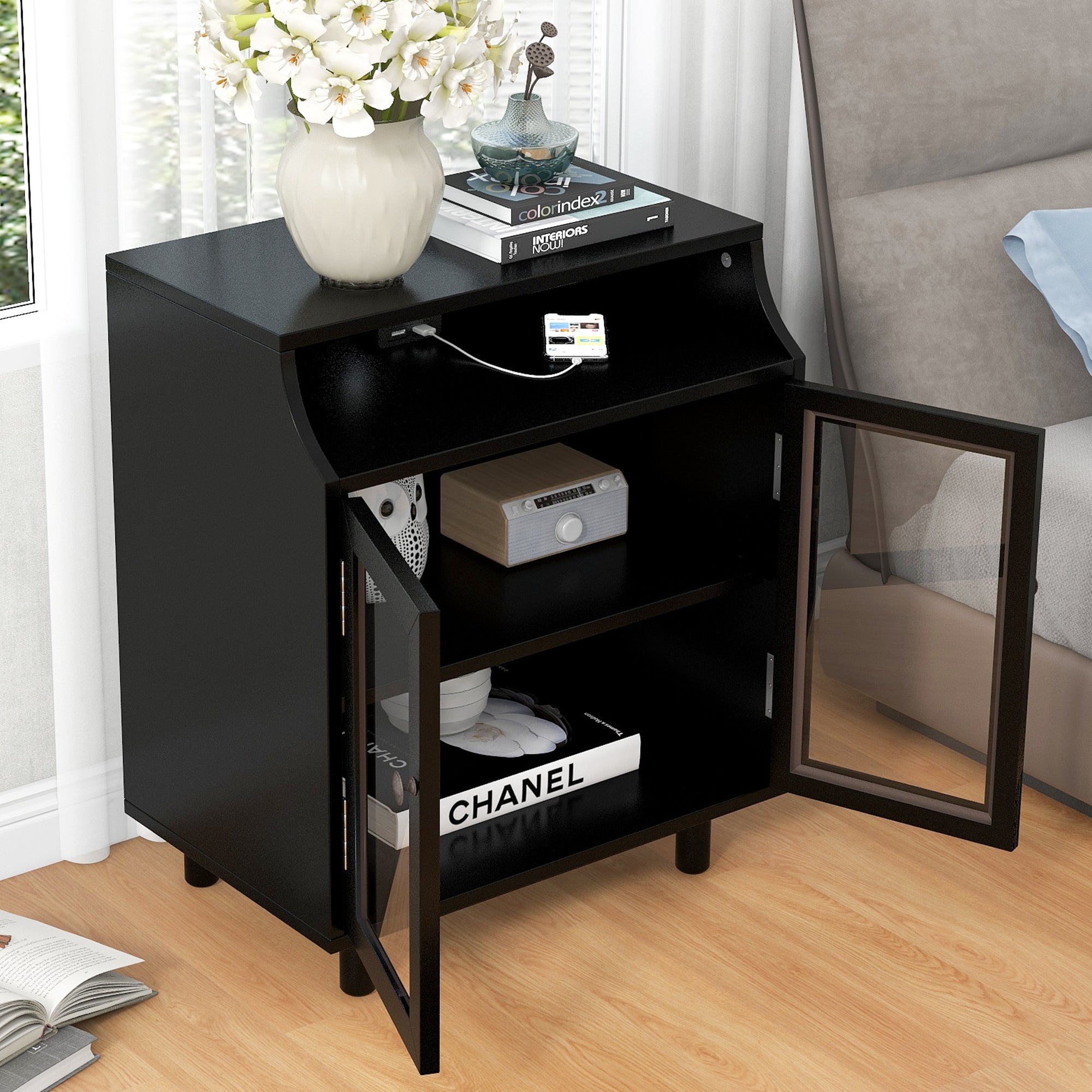 Wood Nightstand with Storage Shelves and Glass Door