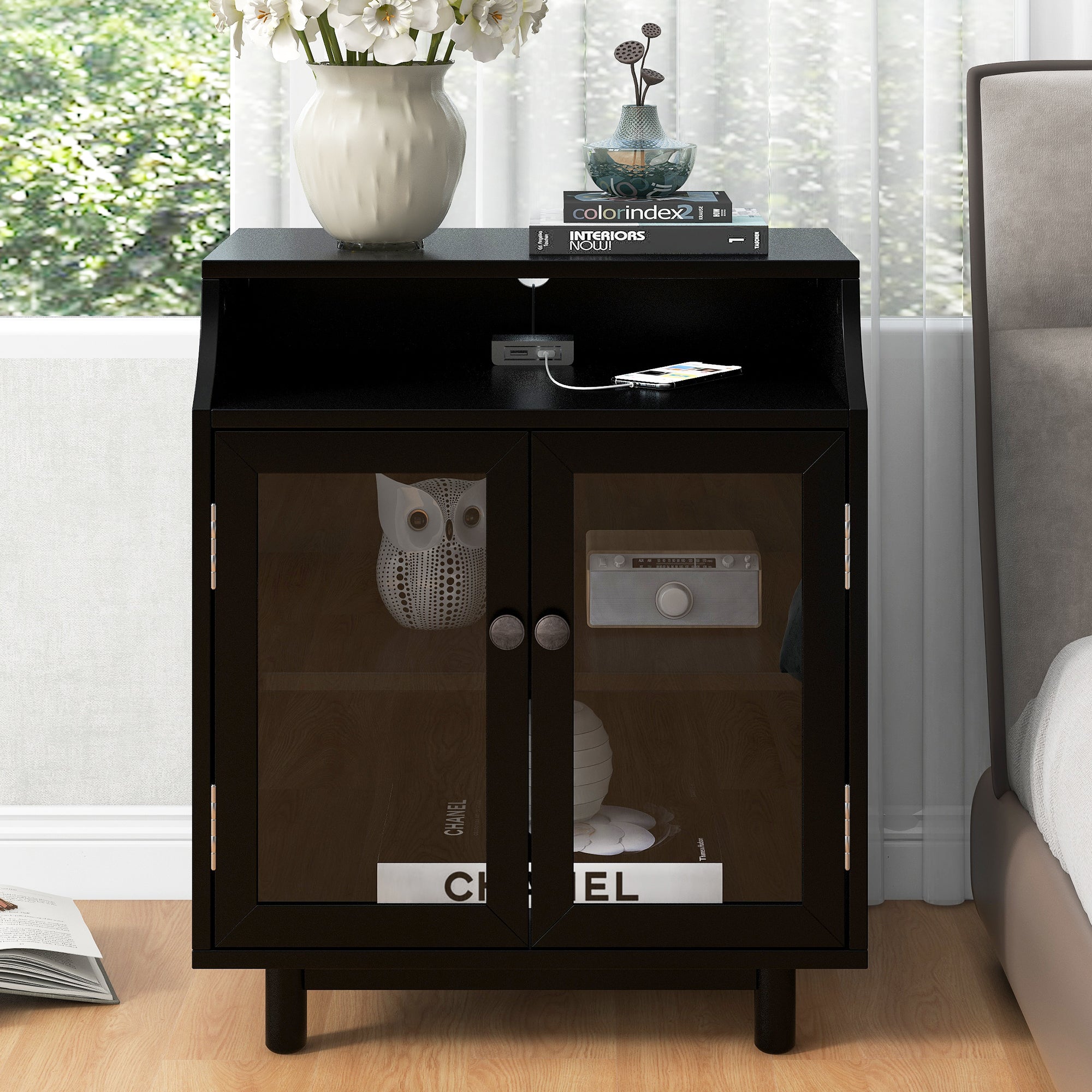 Wood Nightstand with Storage Shelves and Glass Door