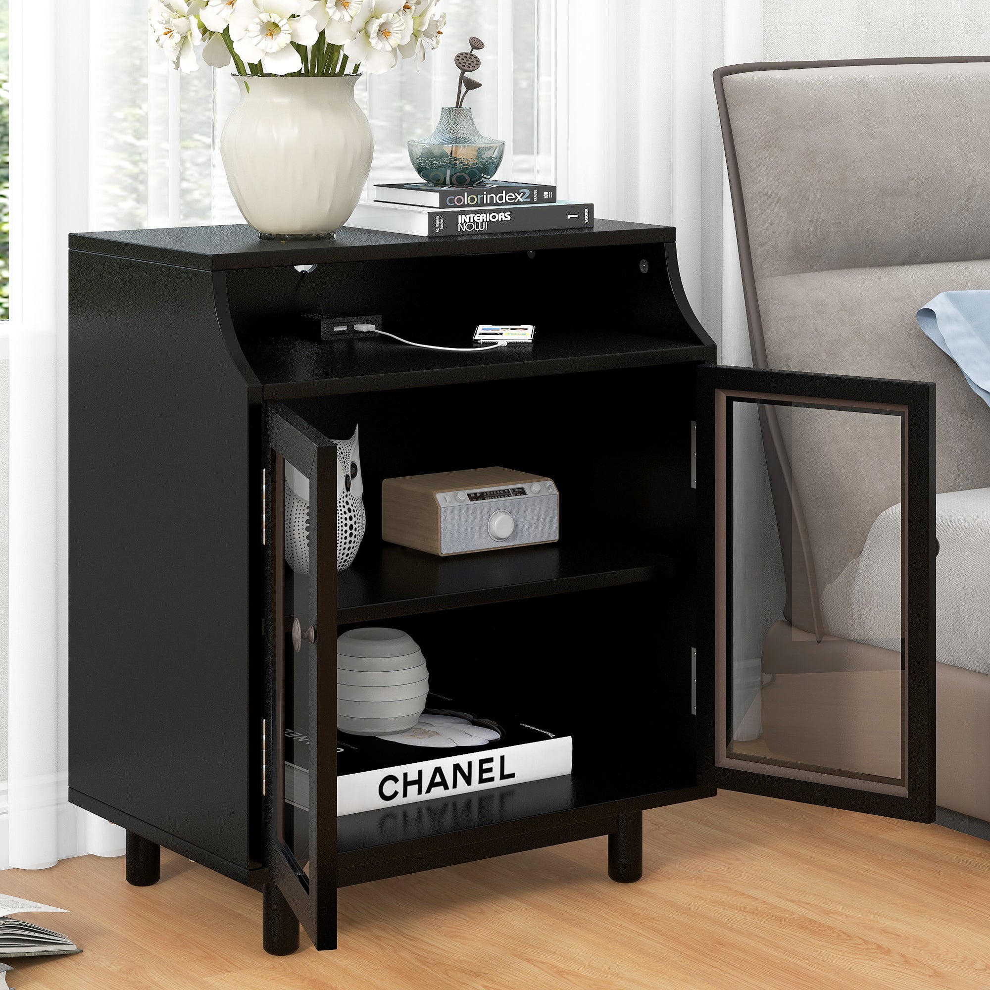 Wood Nightstand with Storage Shelves and Glass Door