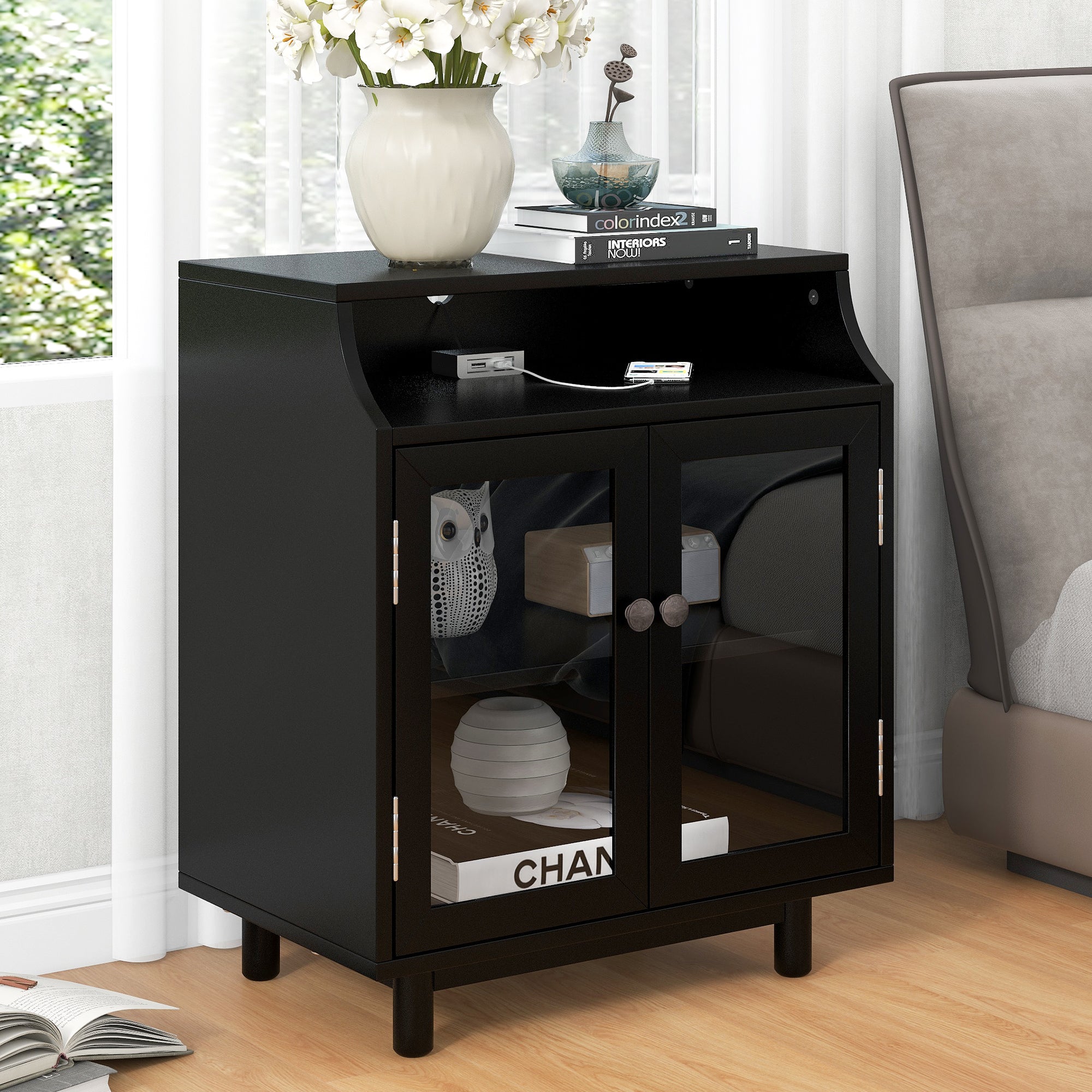 Wood Nightstand with Storage Shelves and Glass Door