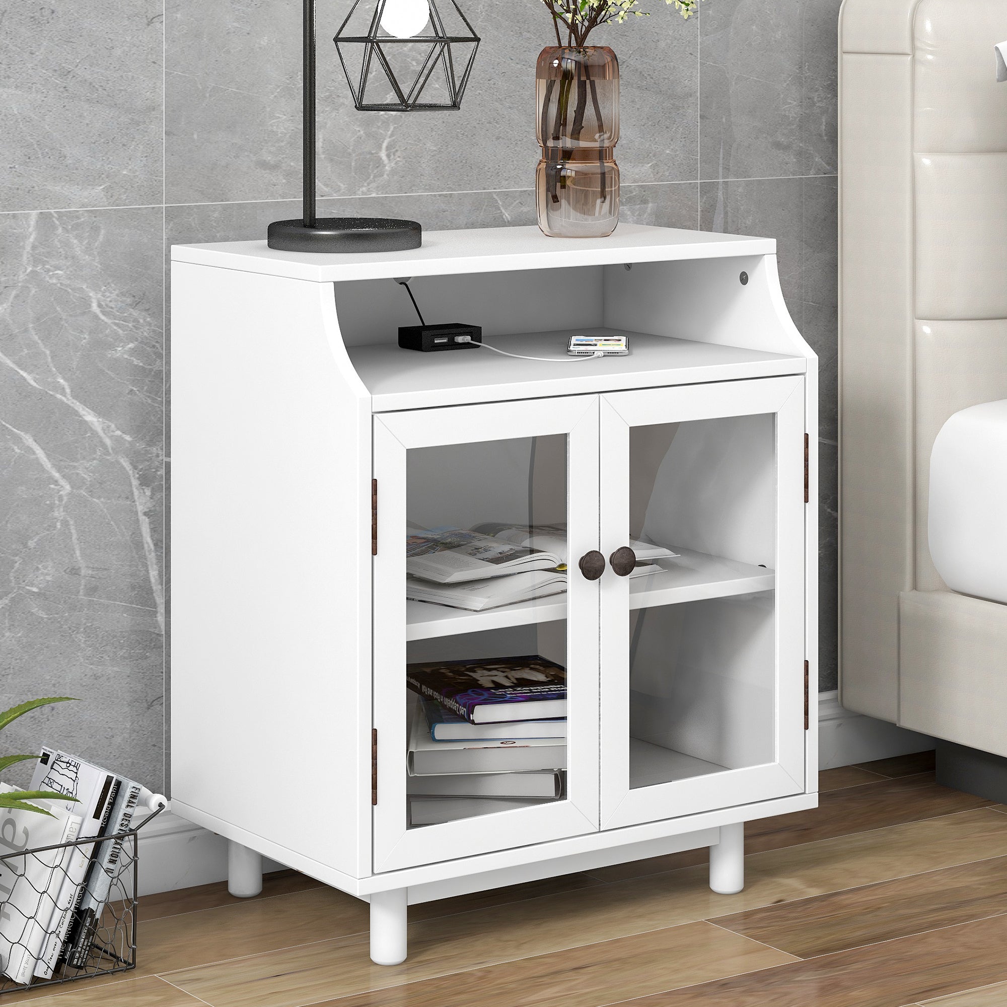 Wood Nightstand with Storage Shelves and Glass Door