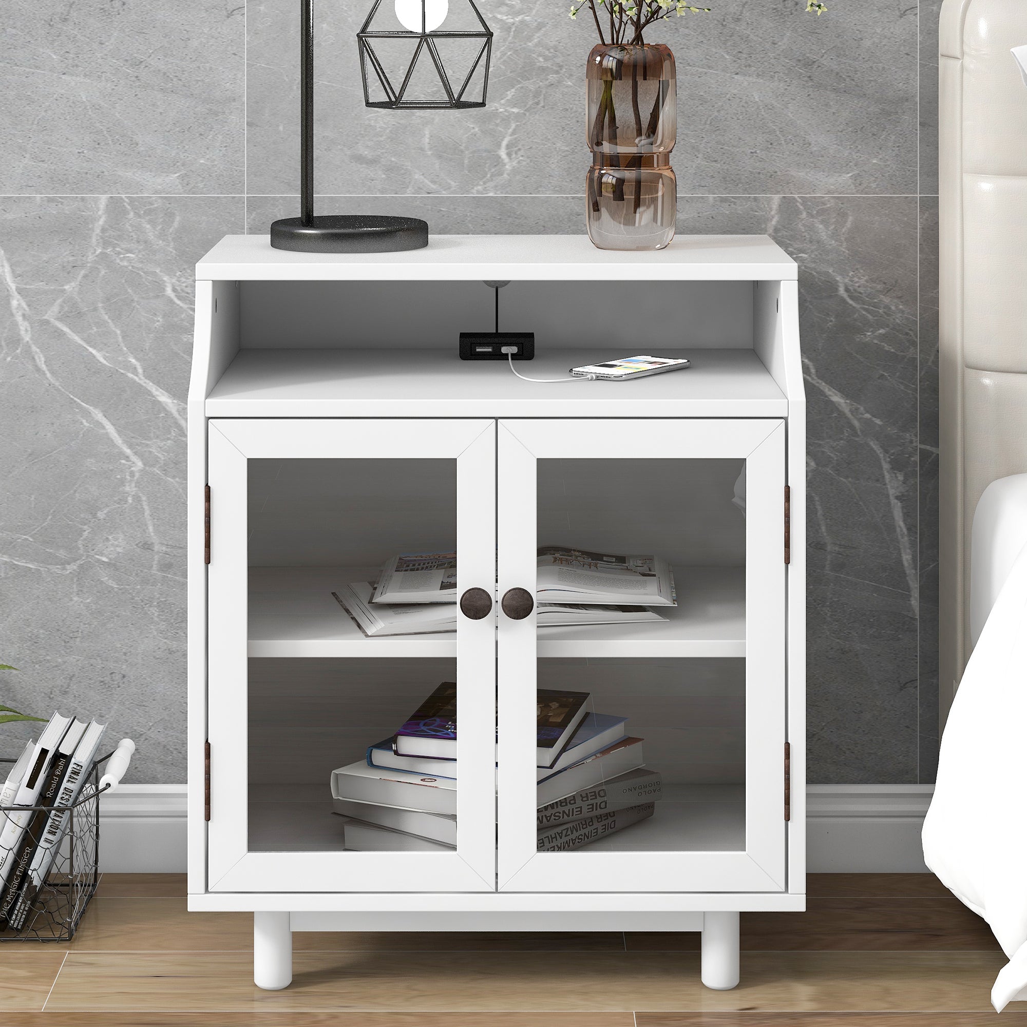 Wood Nightstand with Storage Shelves and Glass Door