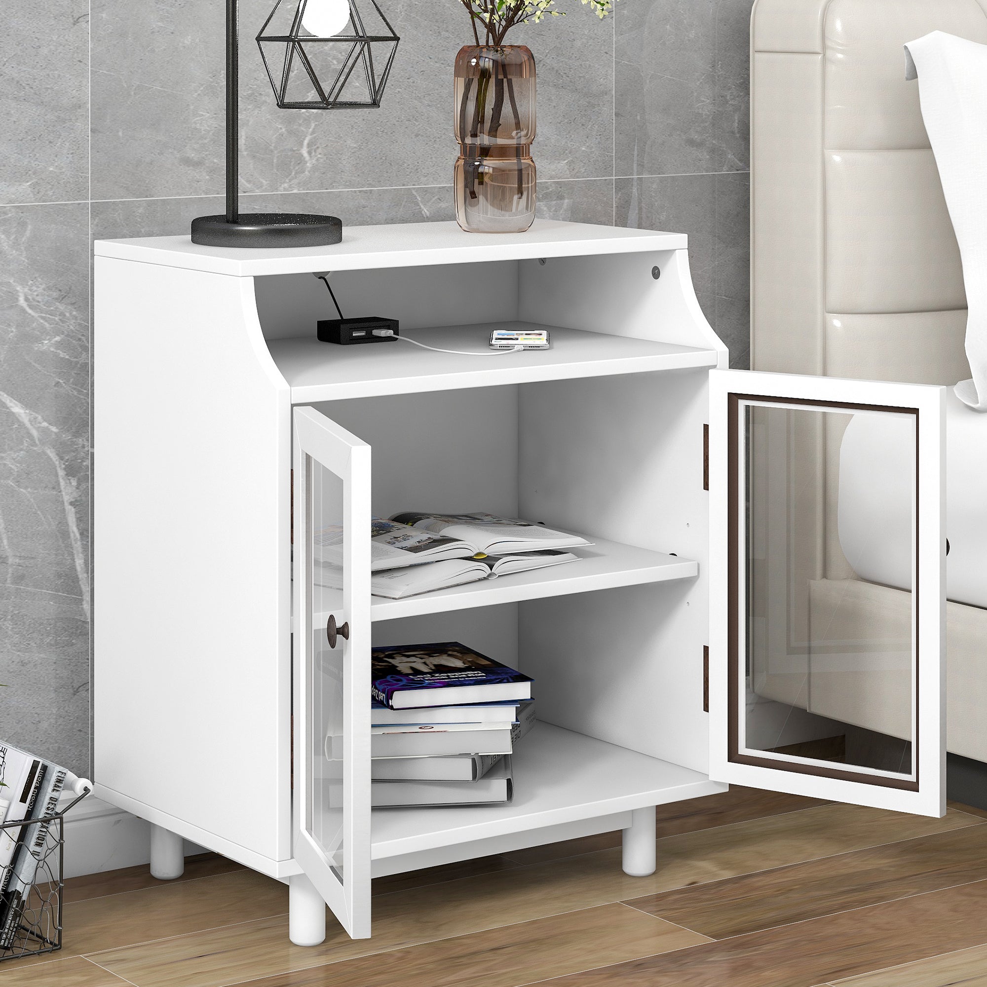 Wood Nightstand with Storage Shelves and Glass Door