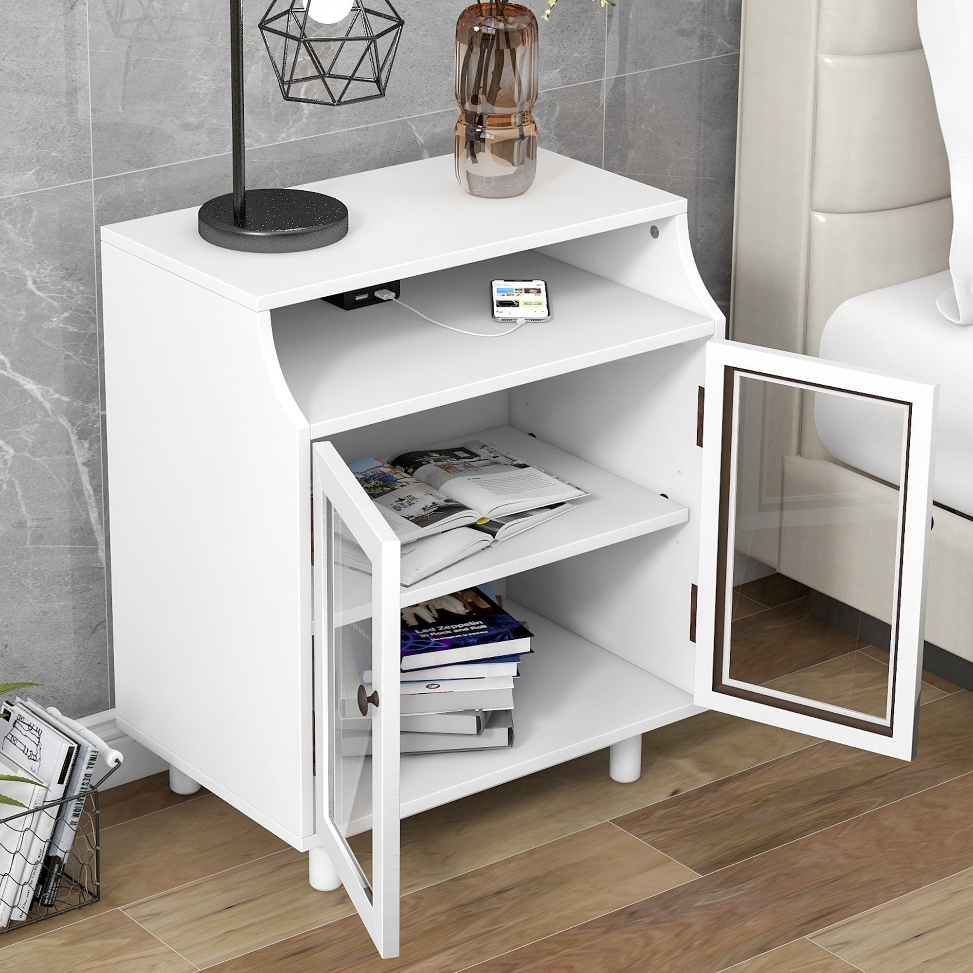 Wood Nightstand with Storage Shelves and Glass Door