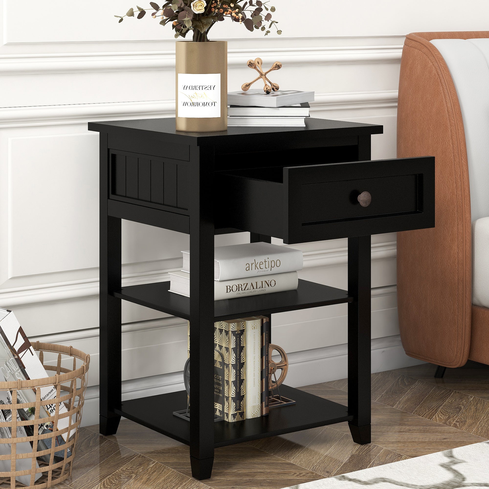 1-Drawer Wood Nightstand with Exterior Shelves