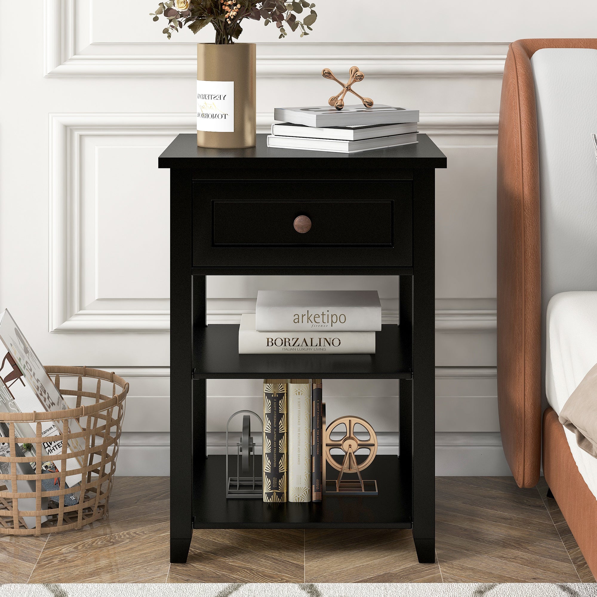 1-Drawer Wood Nightstand with Exterior Shelves