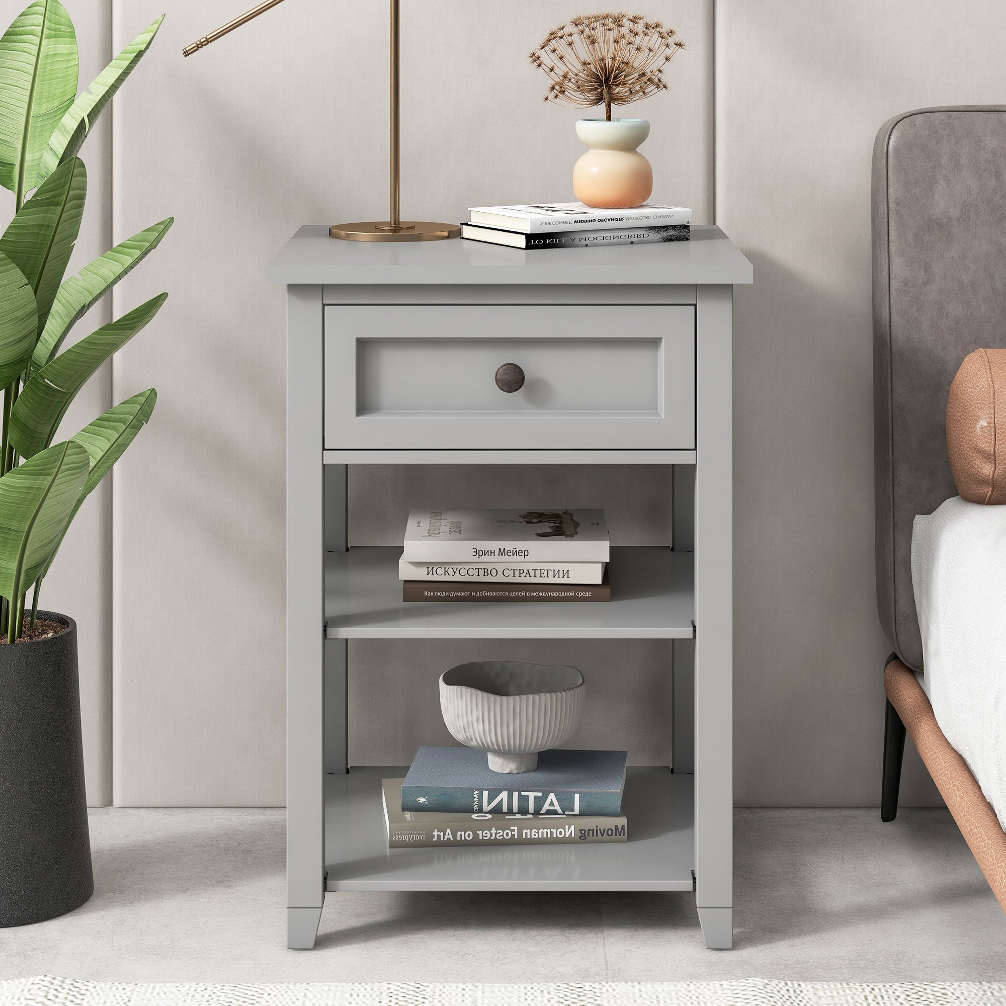 1-Drawer Wood Nightstand with Exterior Shelves