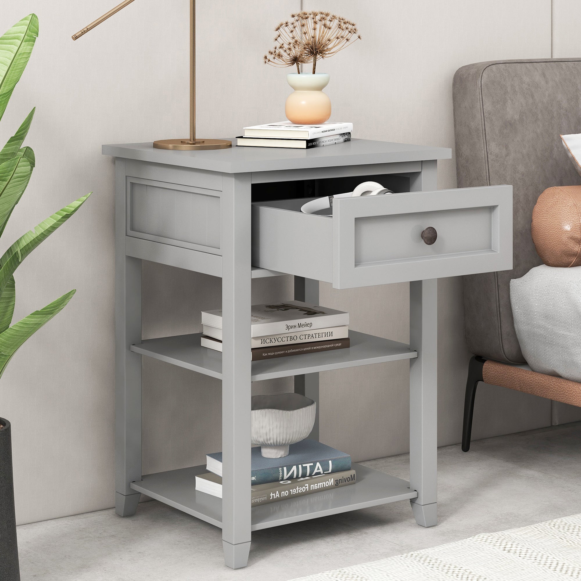 1-Drawer Wood Nightstand with Exterior Shelves