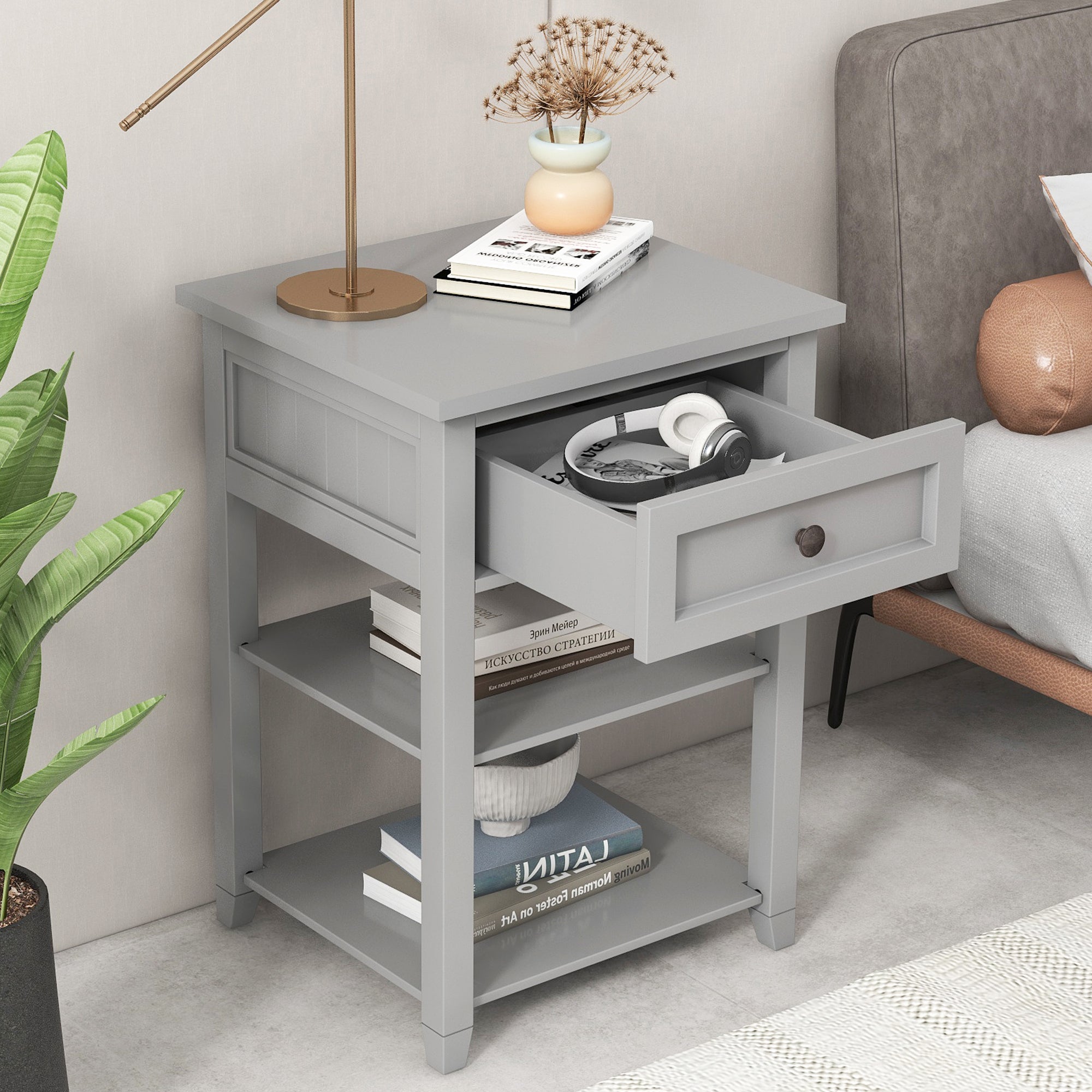 1-Drawer Wood Nightstand with Exterior Shelves