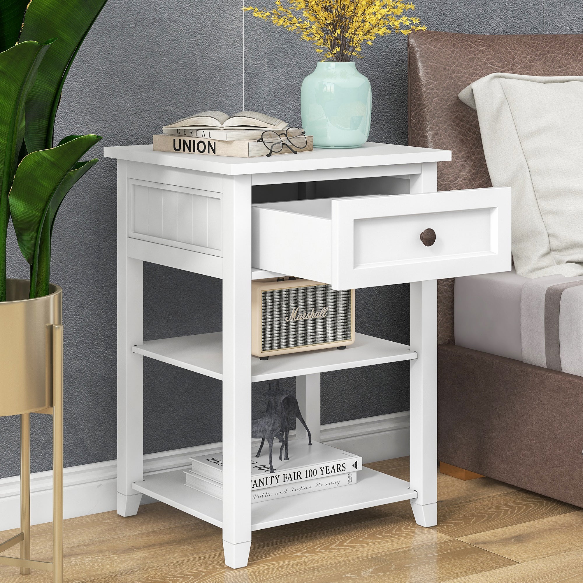 1-Drawer Wood Nightstand with Exterior Shelves