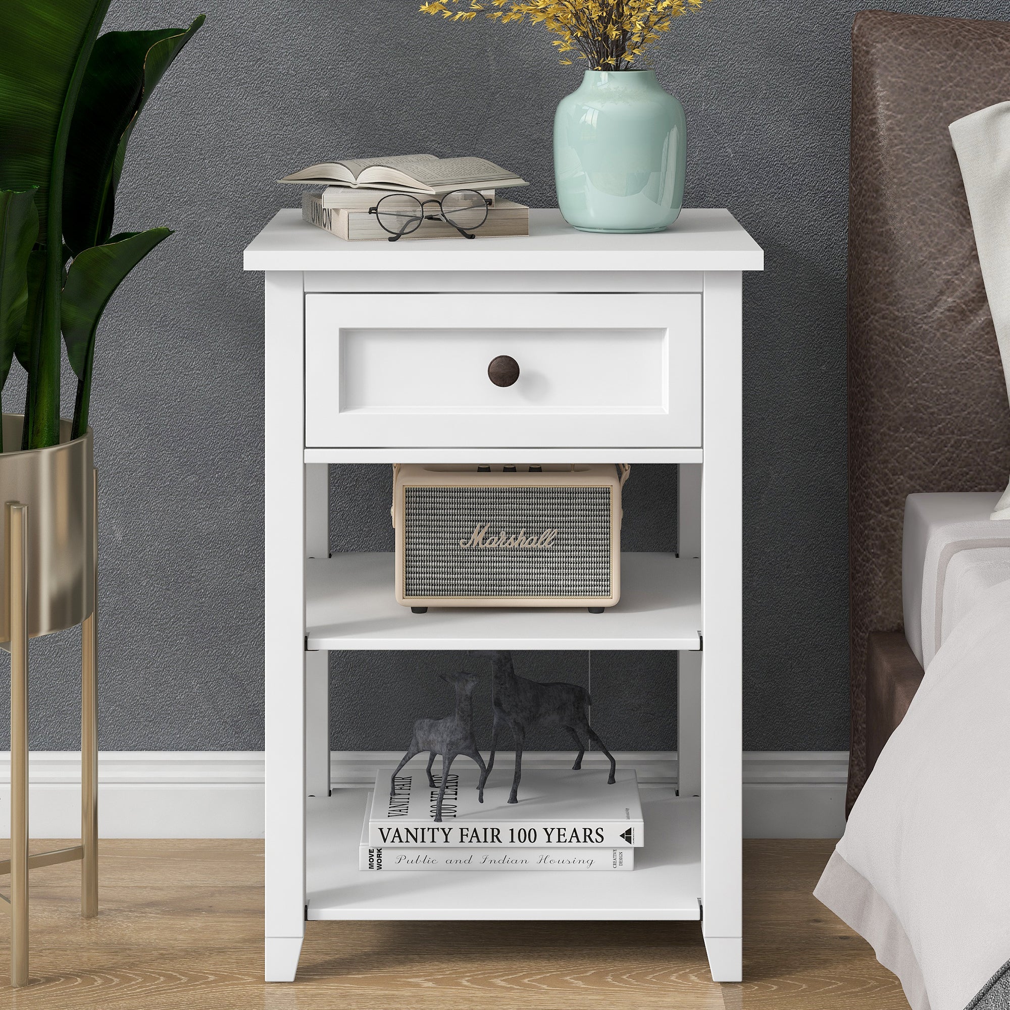 1-Drawer Wood Nightstand with Exterior Shelves