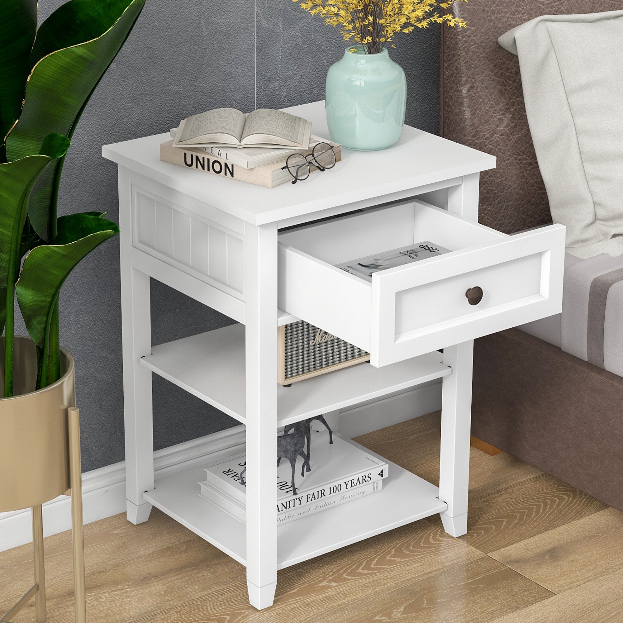 1-Drawer Wood Nightstand with Exterior Shelves