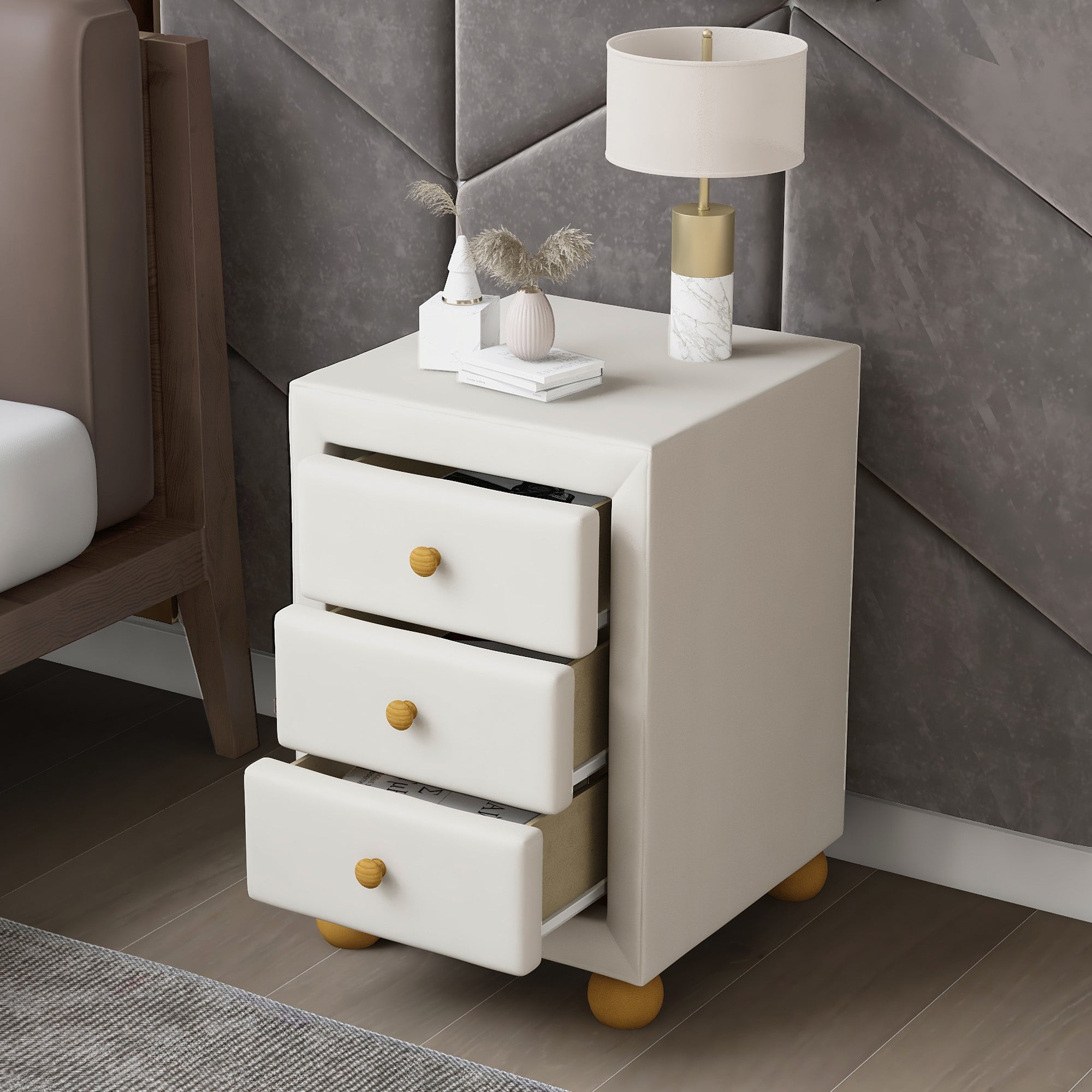 3-Drawer Upholstered Wood Nightstand
