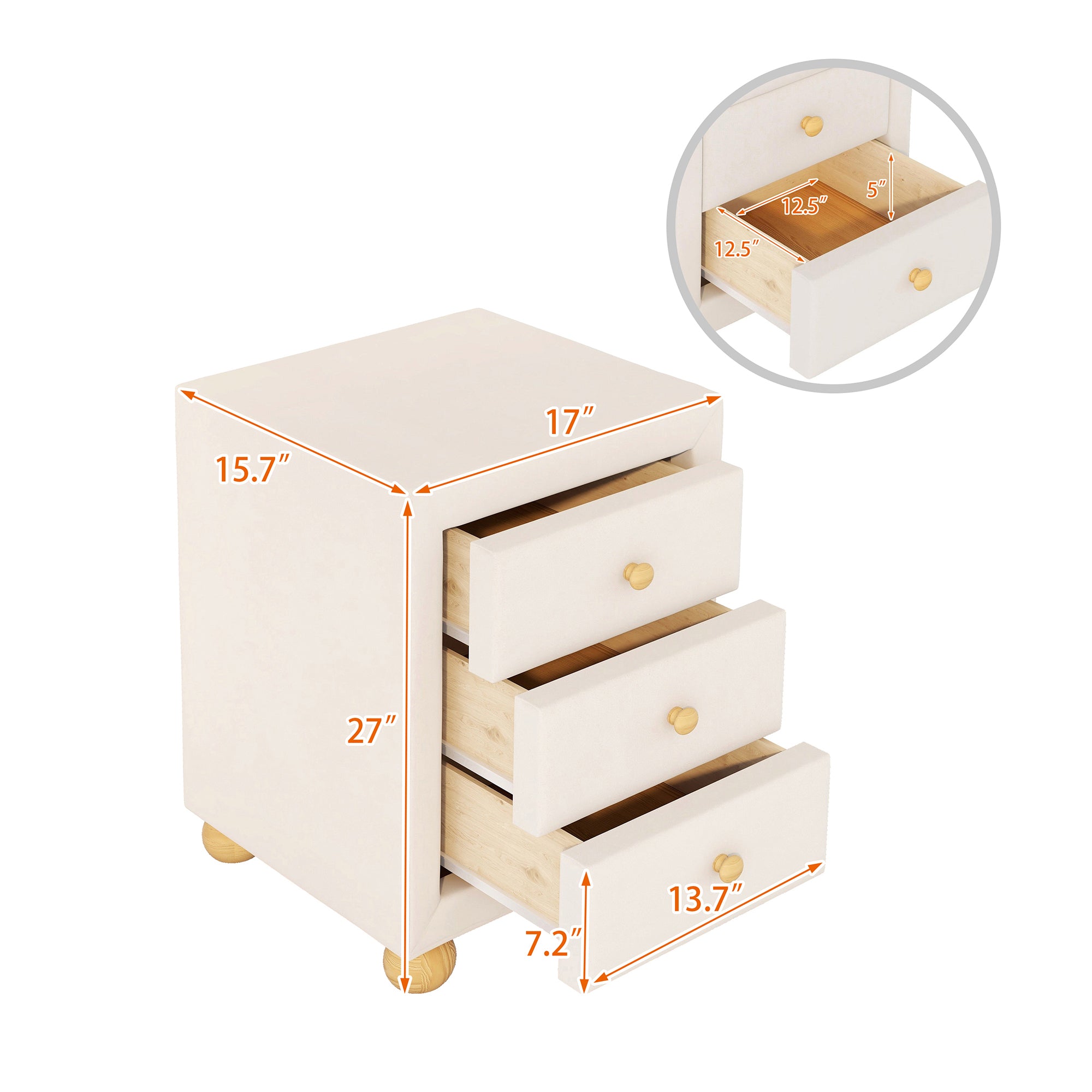 3-Drawer Upholstered Wood Nightstand
