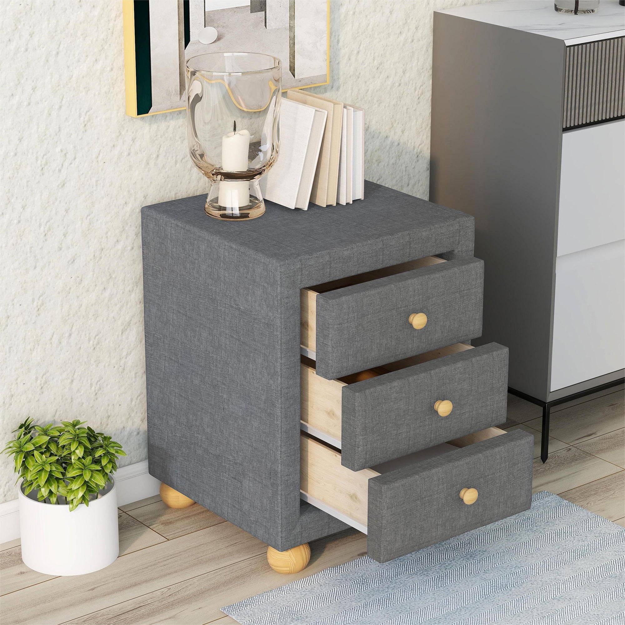 3-Drawer Upholstered Wood Nightstand