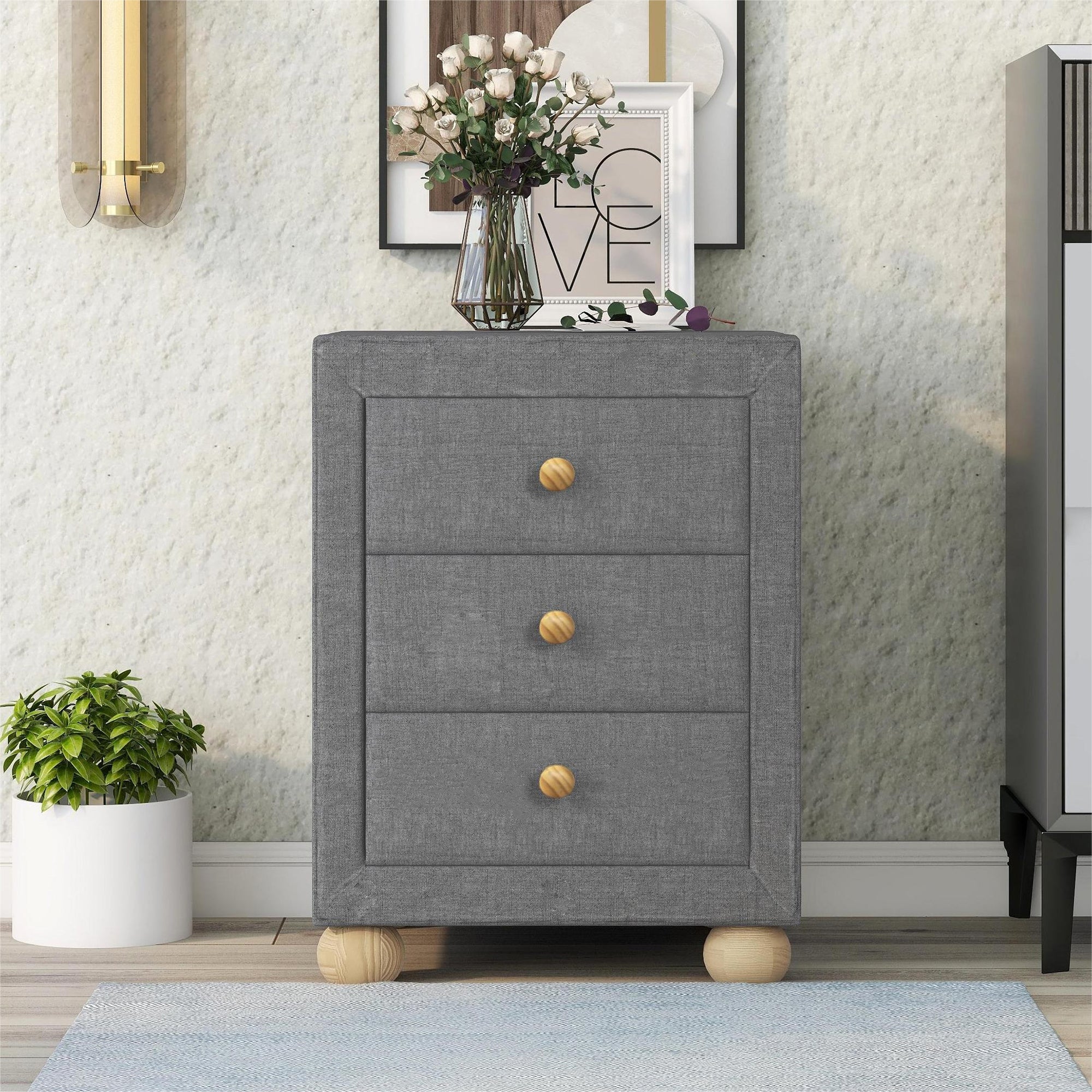 3-Drawer Upholstered Wood Nightstand