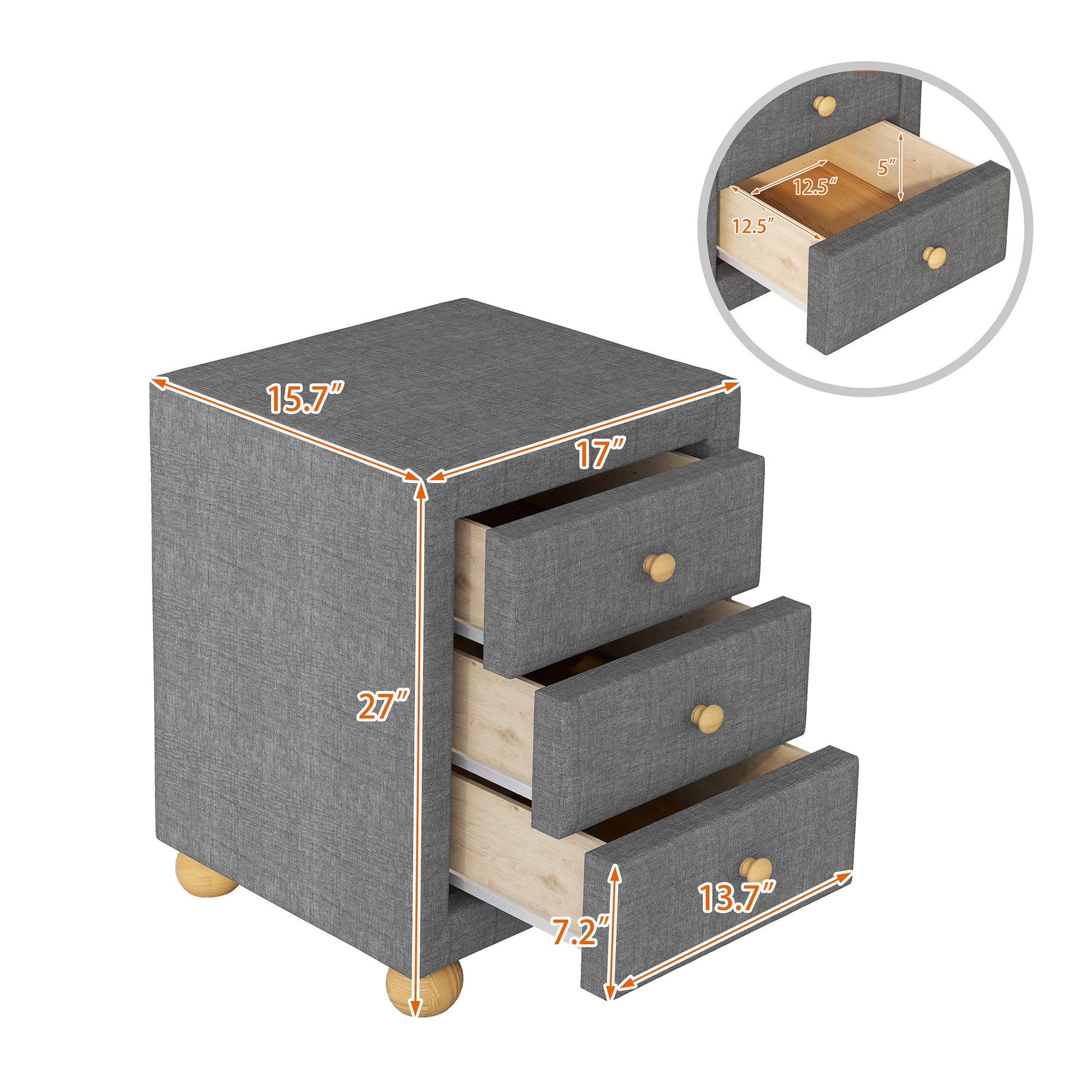 3-Drawer Upholstered Wood Nightstand