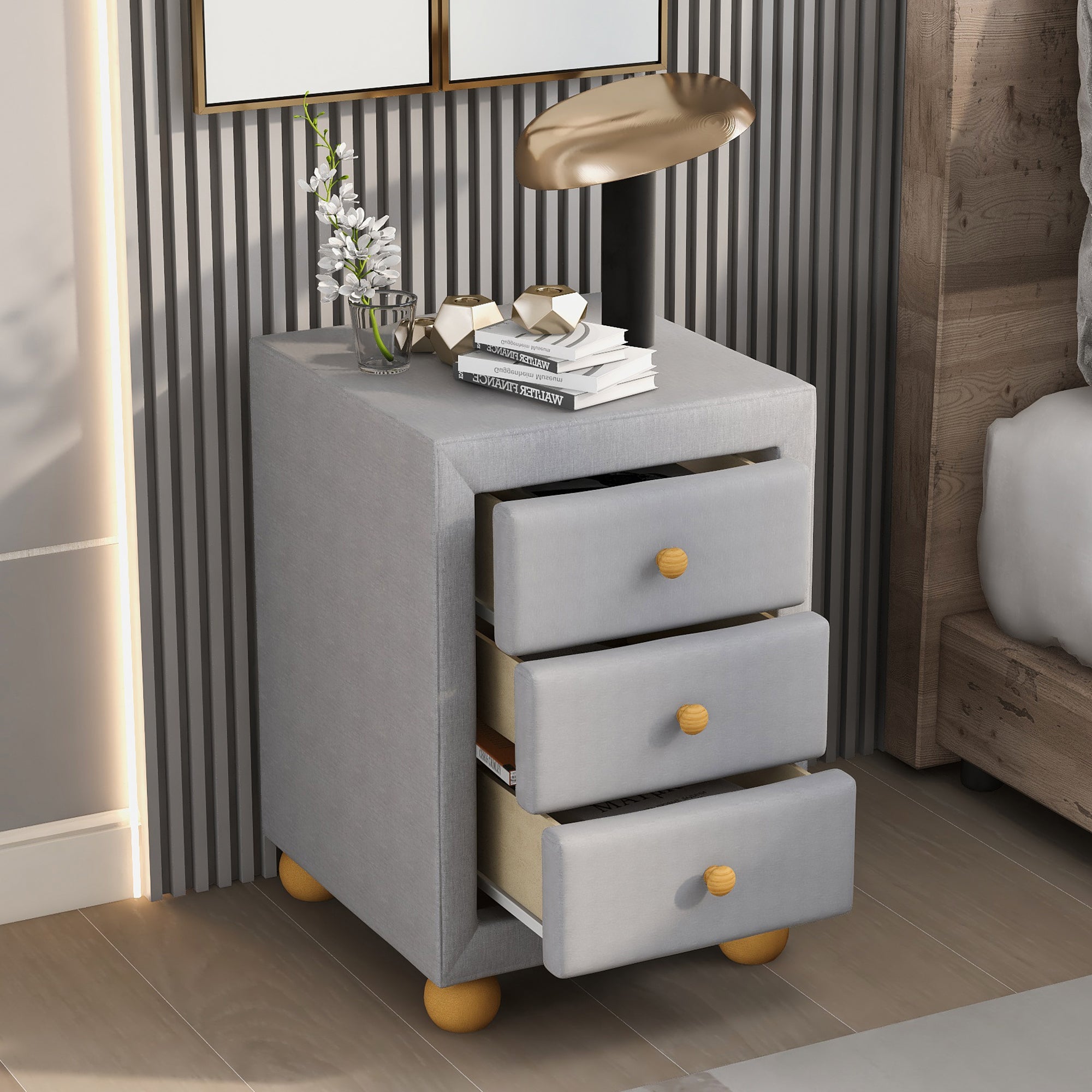 3-Drawer Upholstered Wood Nightstand