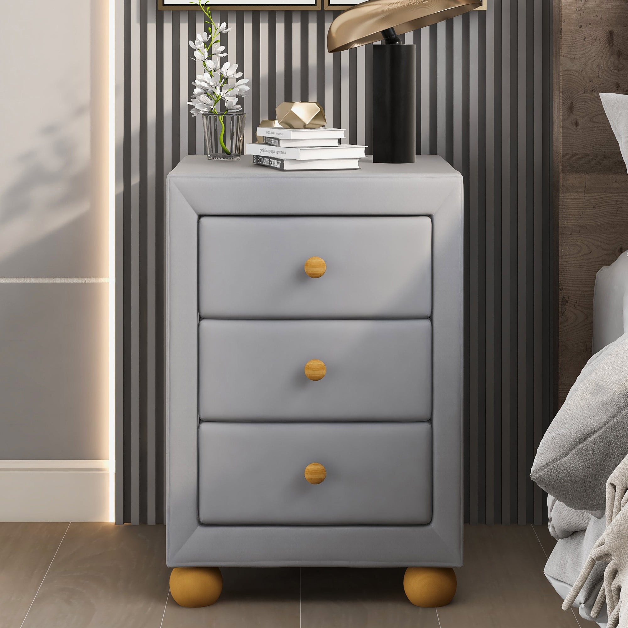 3-Drawer Upholstered Wood Nightstand