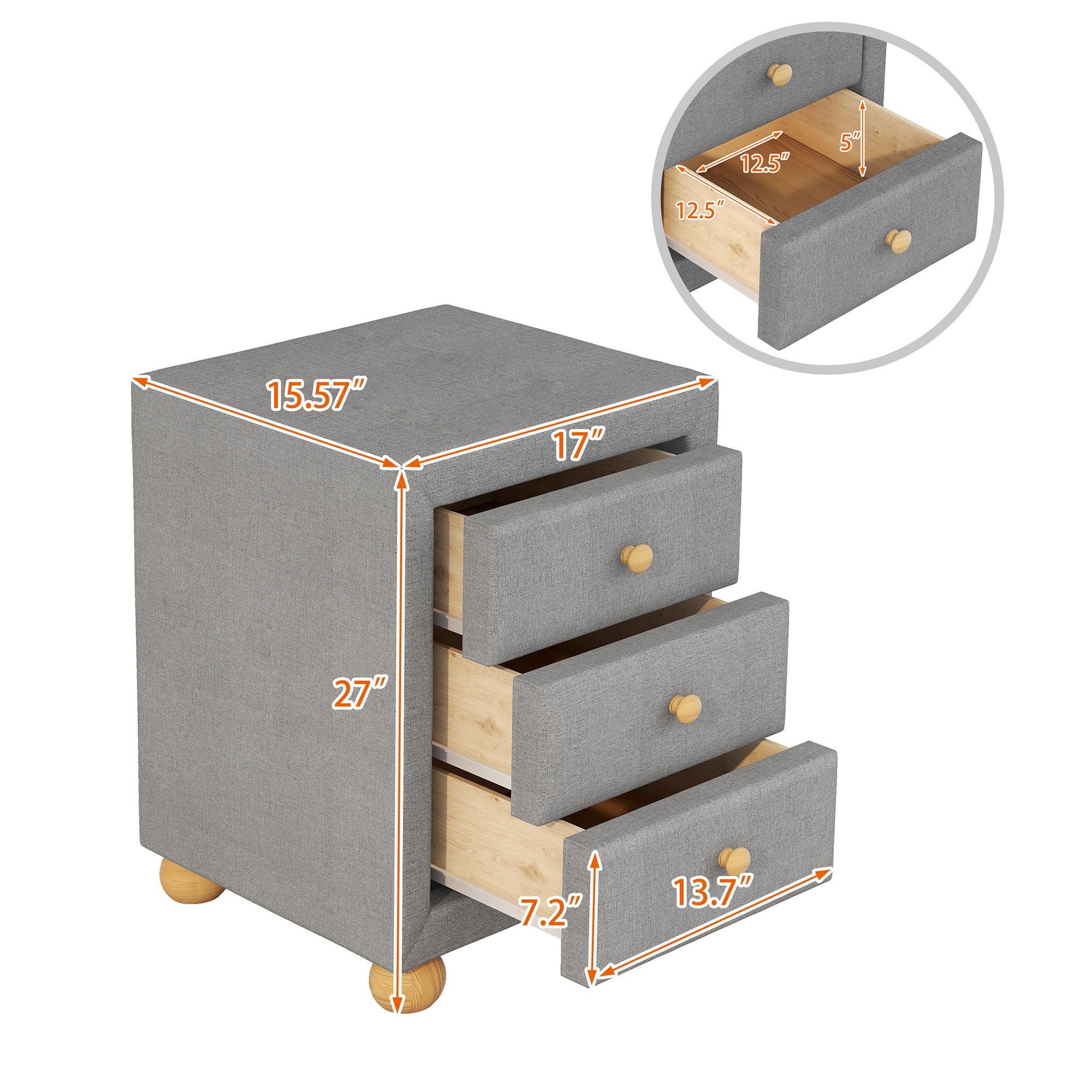 3-Drawer Upholstered Wood Nightstand