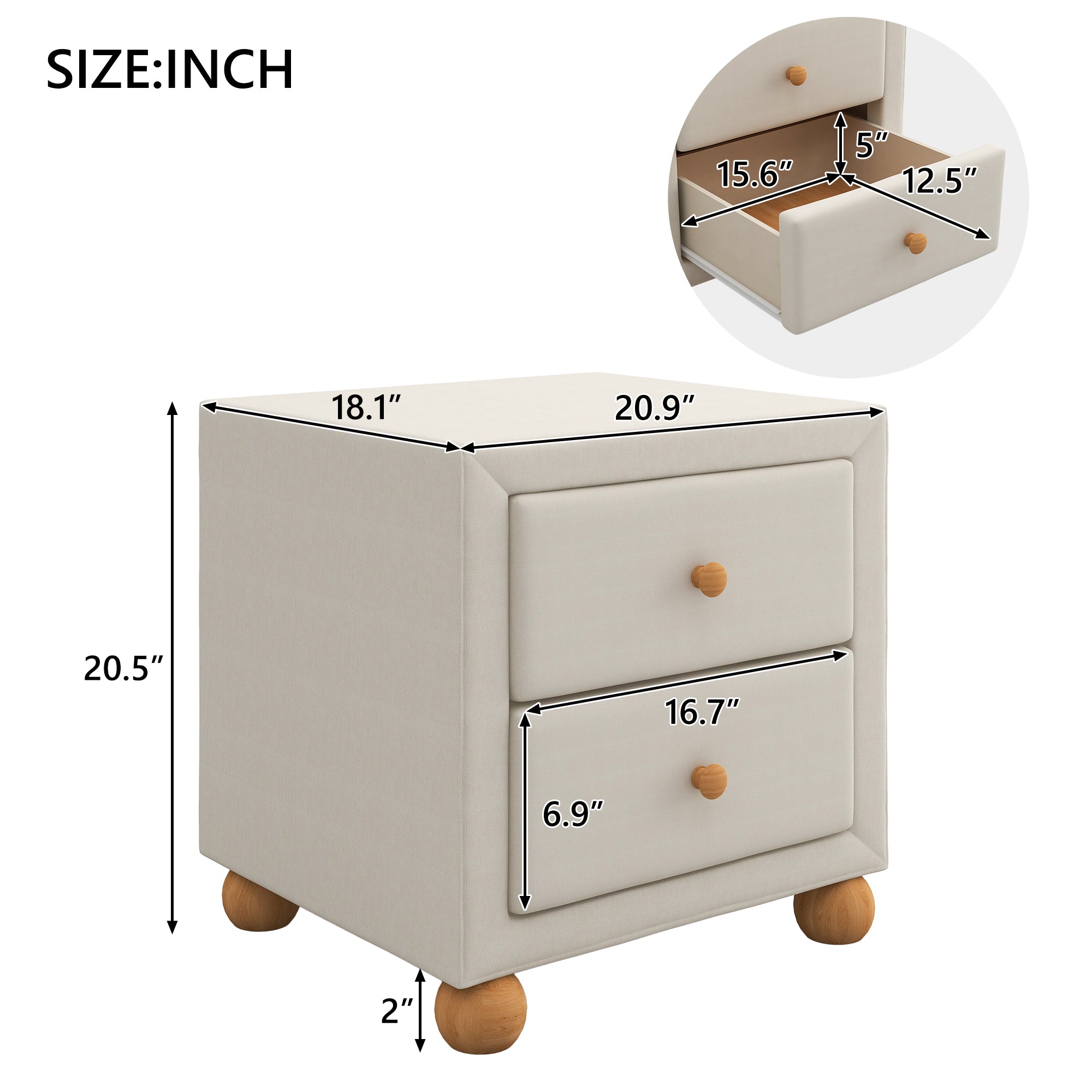 21" Tall 2-Drawer Wood Nightstand