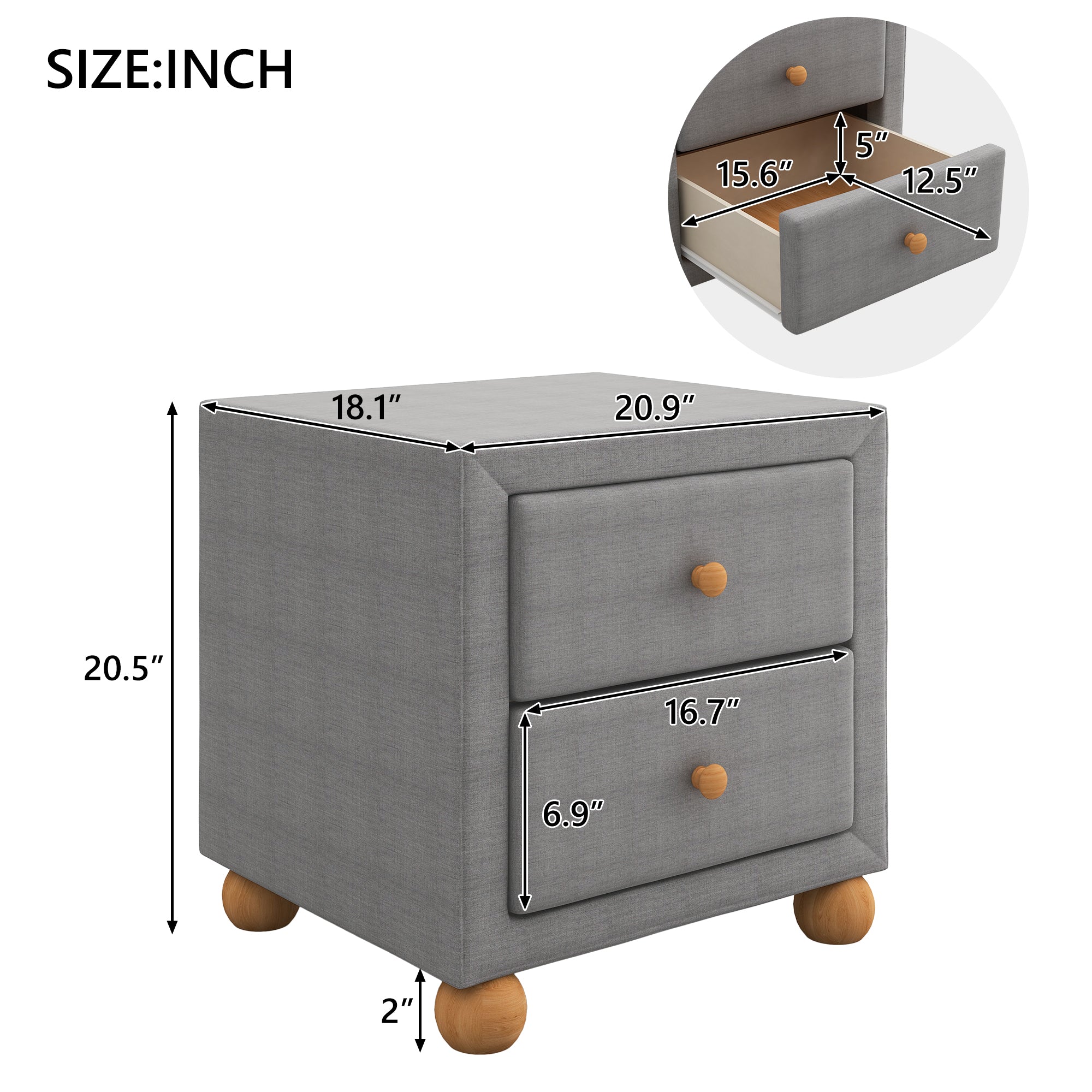 21" Tall 2-Drawer Wood Nightstand