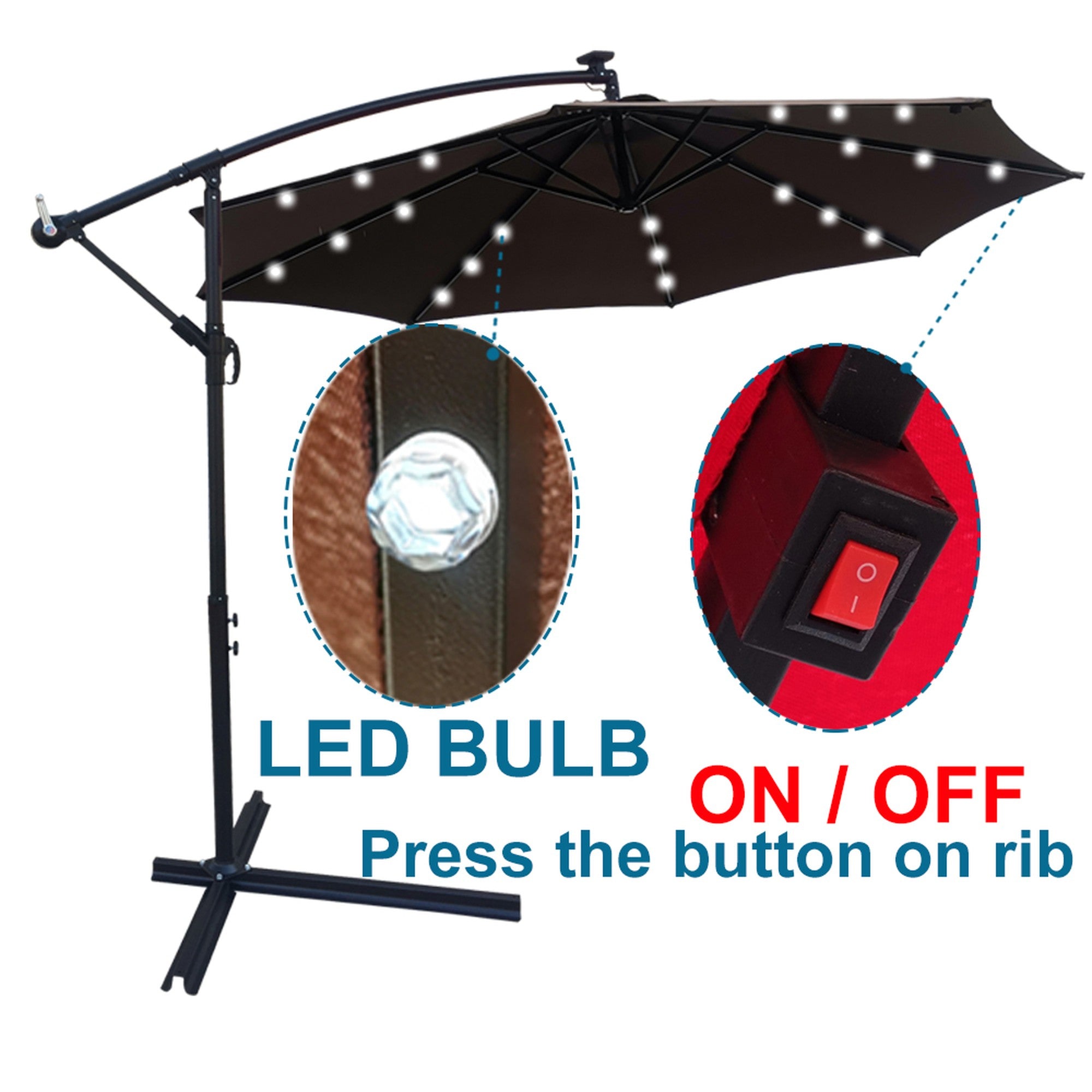 10' Steel Patio Umbrella Outdoor Market with Crank and  LED Lights