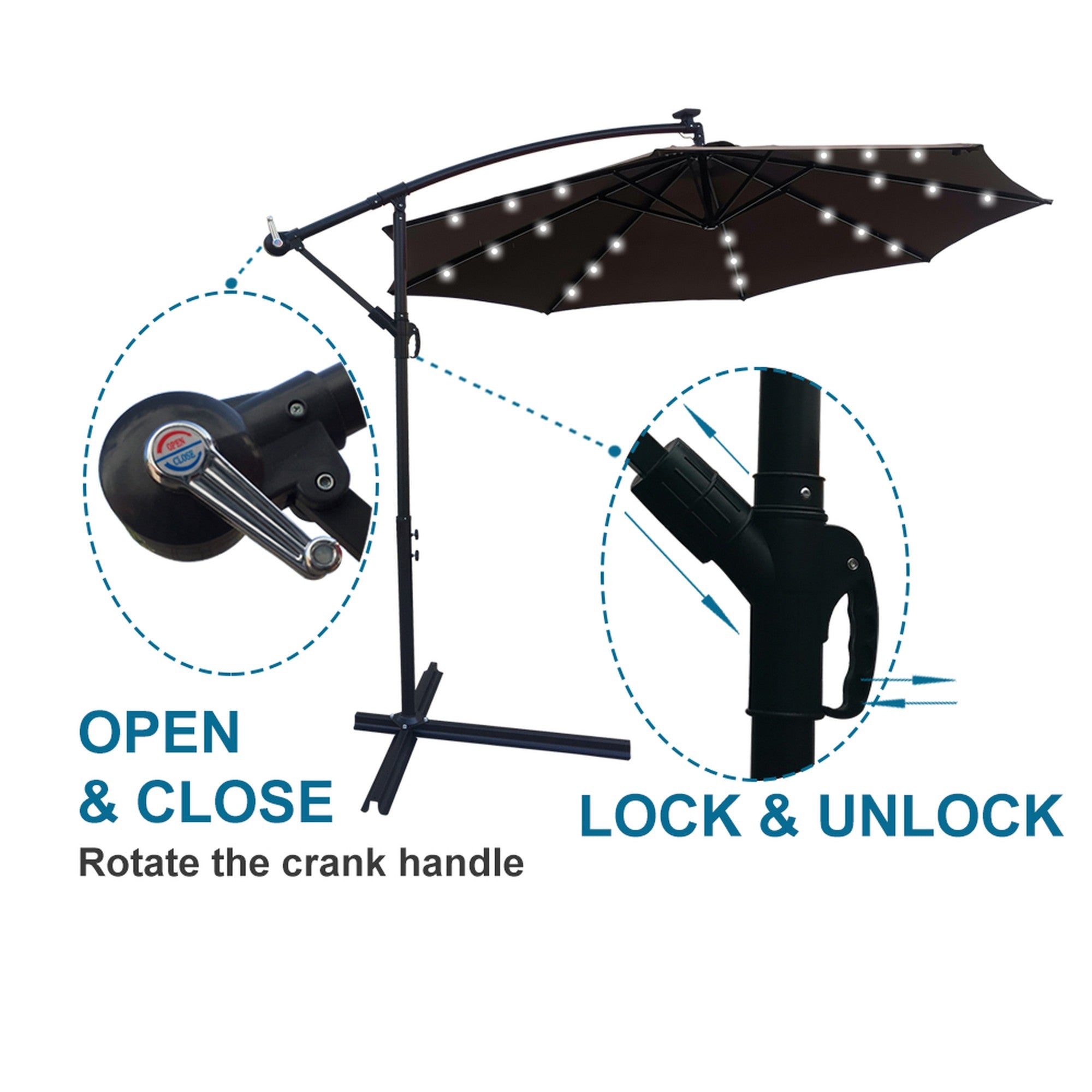 10' Steel Patio Umbrella Outdoor Market with Crank and  LED Lights