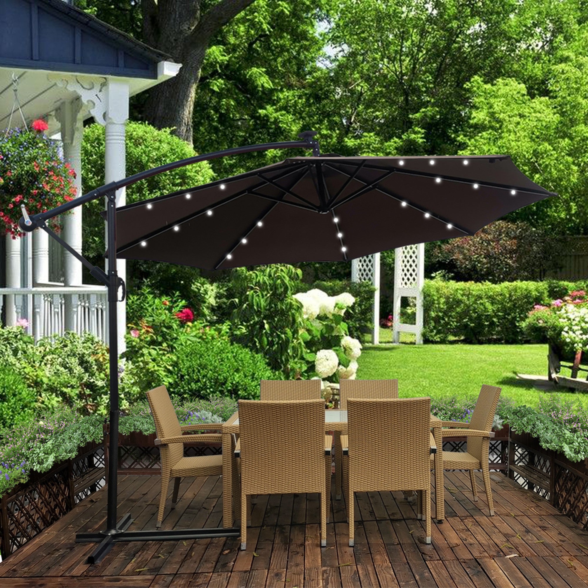 10' Steel Patio Umbrella Outdoor Market with Crank and  LED Lights