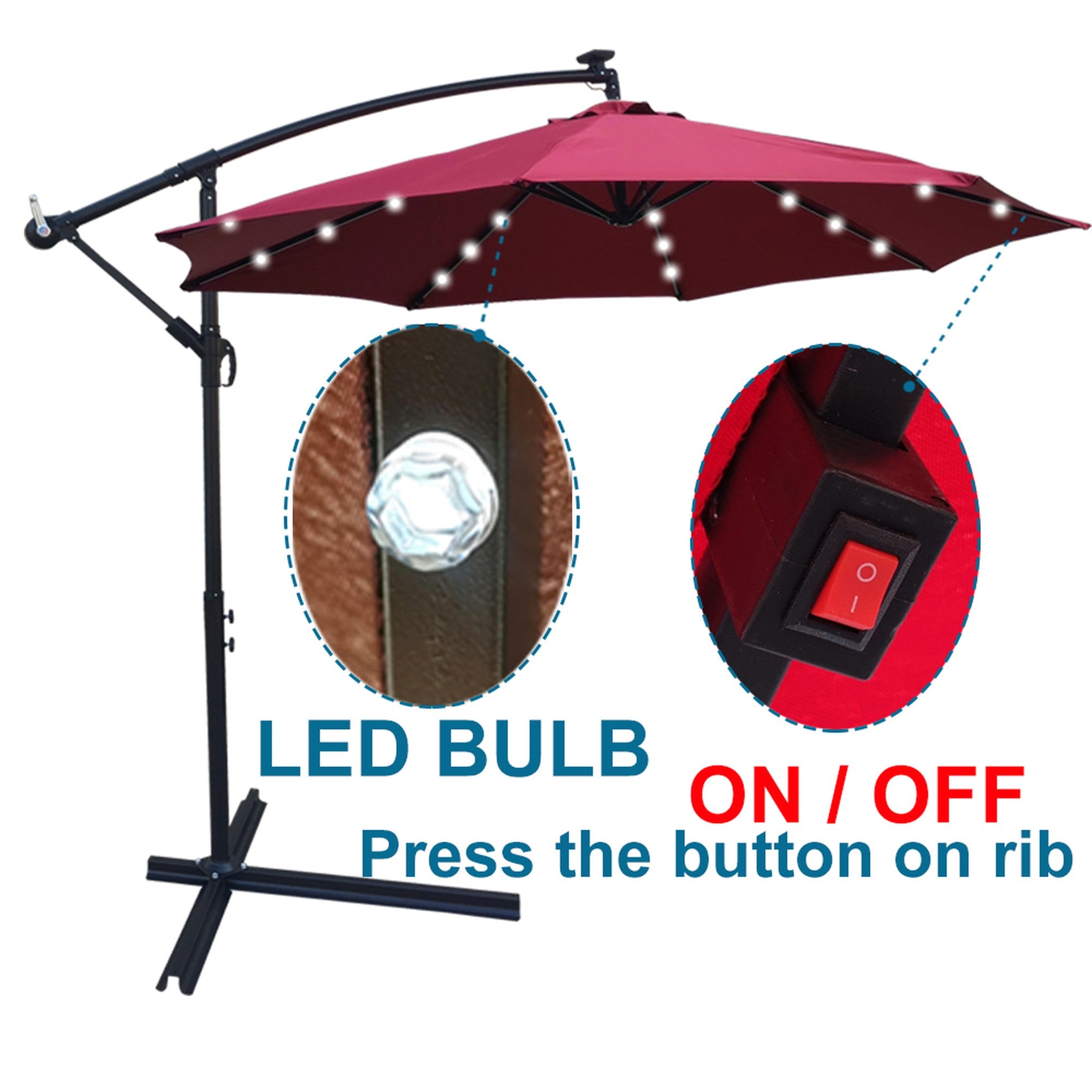 10' Steel Patio Umbrella Outdoor Market with Crank and  LED Lights