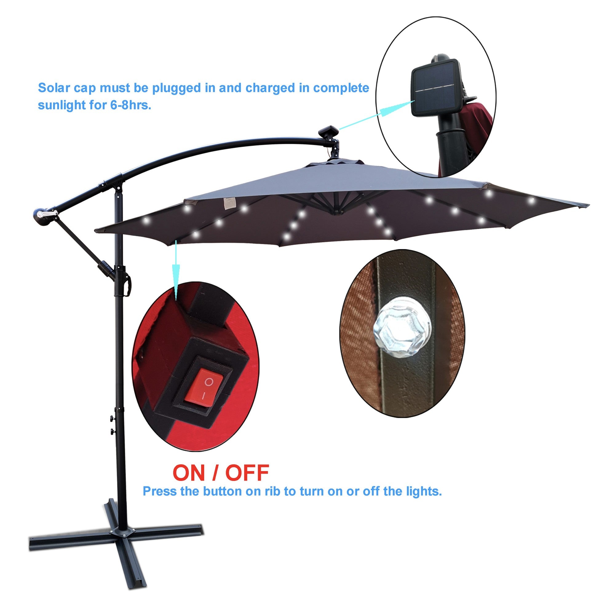 10' Steel Patio Umbrella Outdoor Market with Crank and  LED Lights