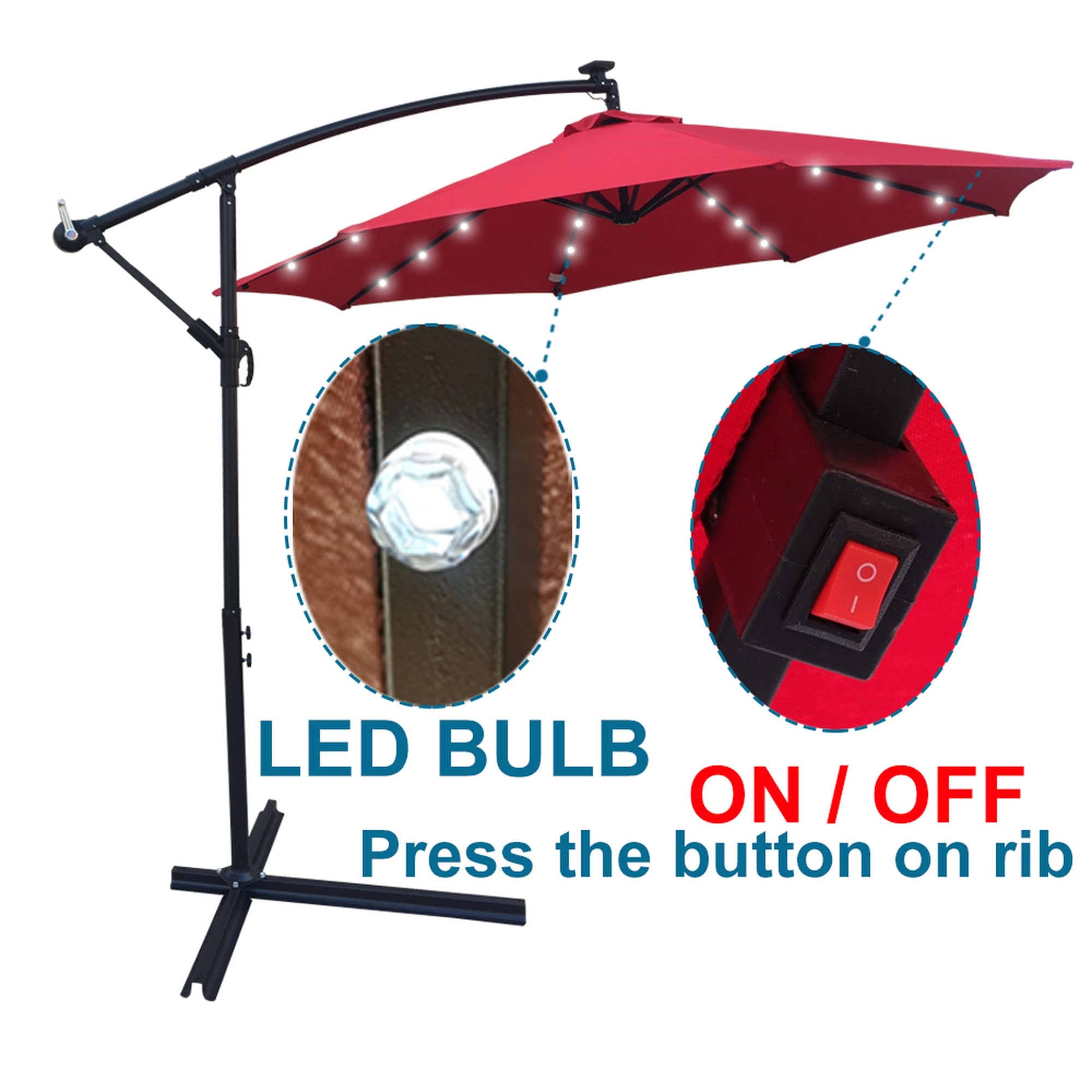 10' Steel Patio Umbrella Outdoor Market with Crank and  LED Lights