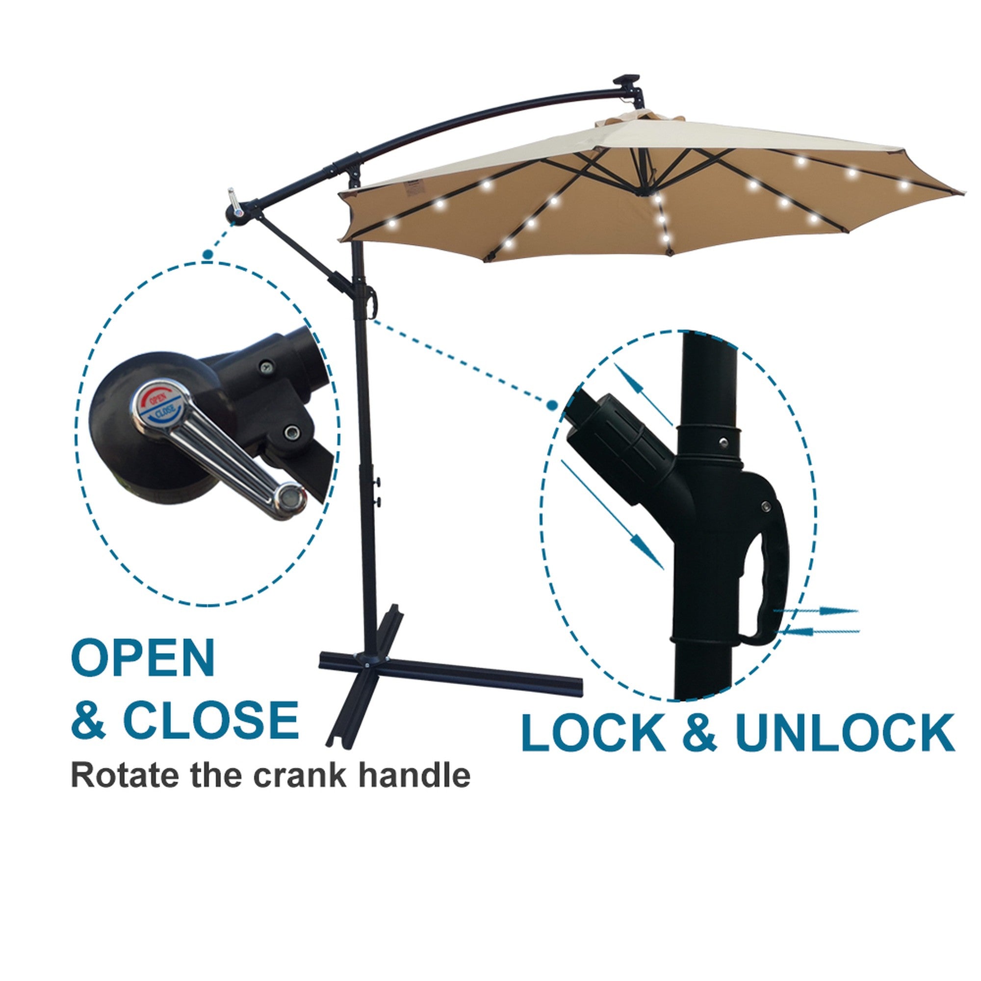 10' Steel Patio Umbrella Outdoor Market with Crank and  LED Lights