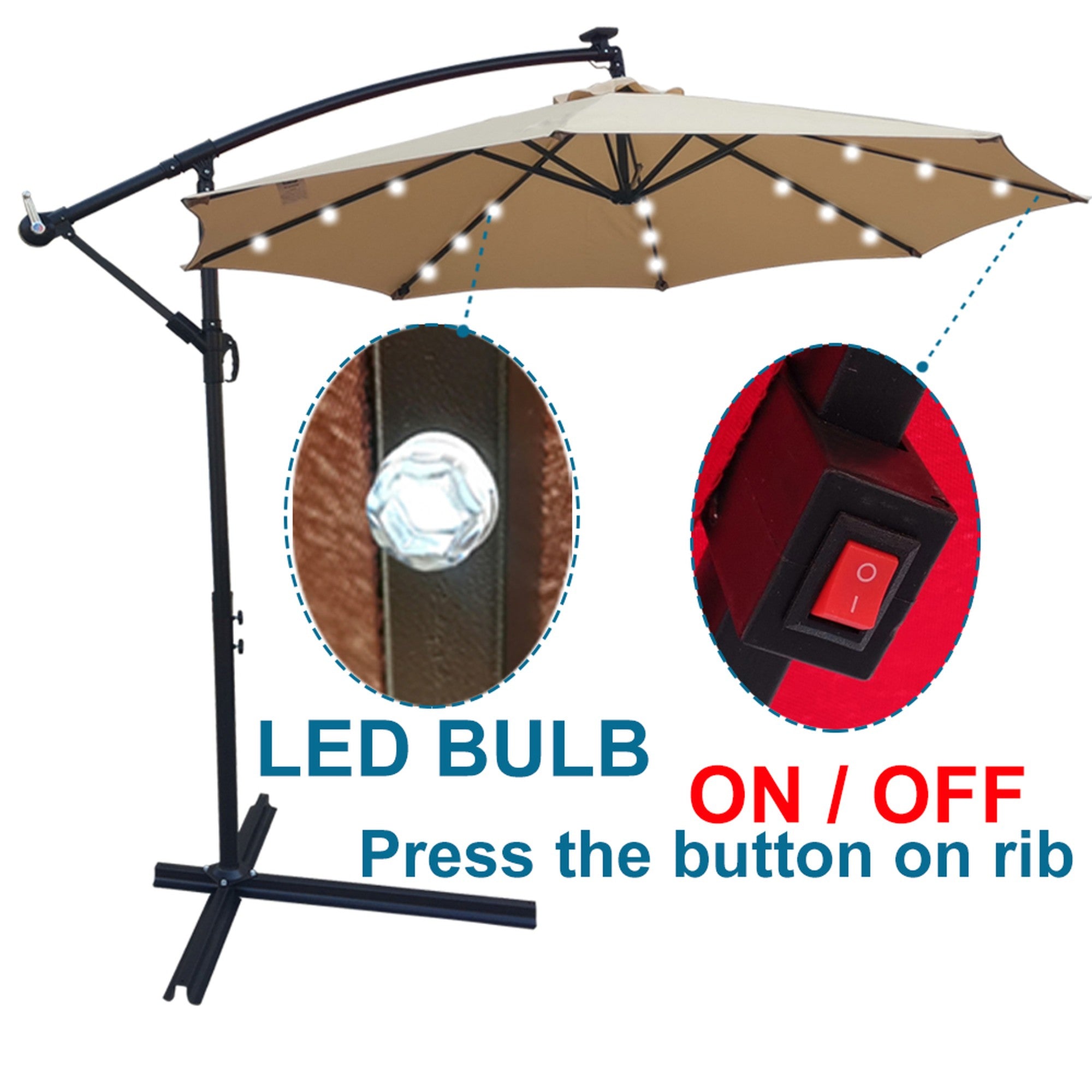 10' Steel Patio Umbrella Outdoor Market with Crank and  LED Lights