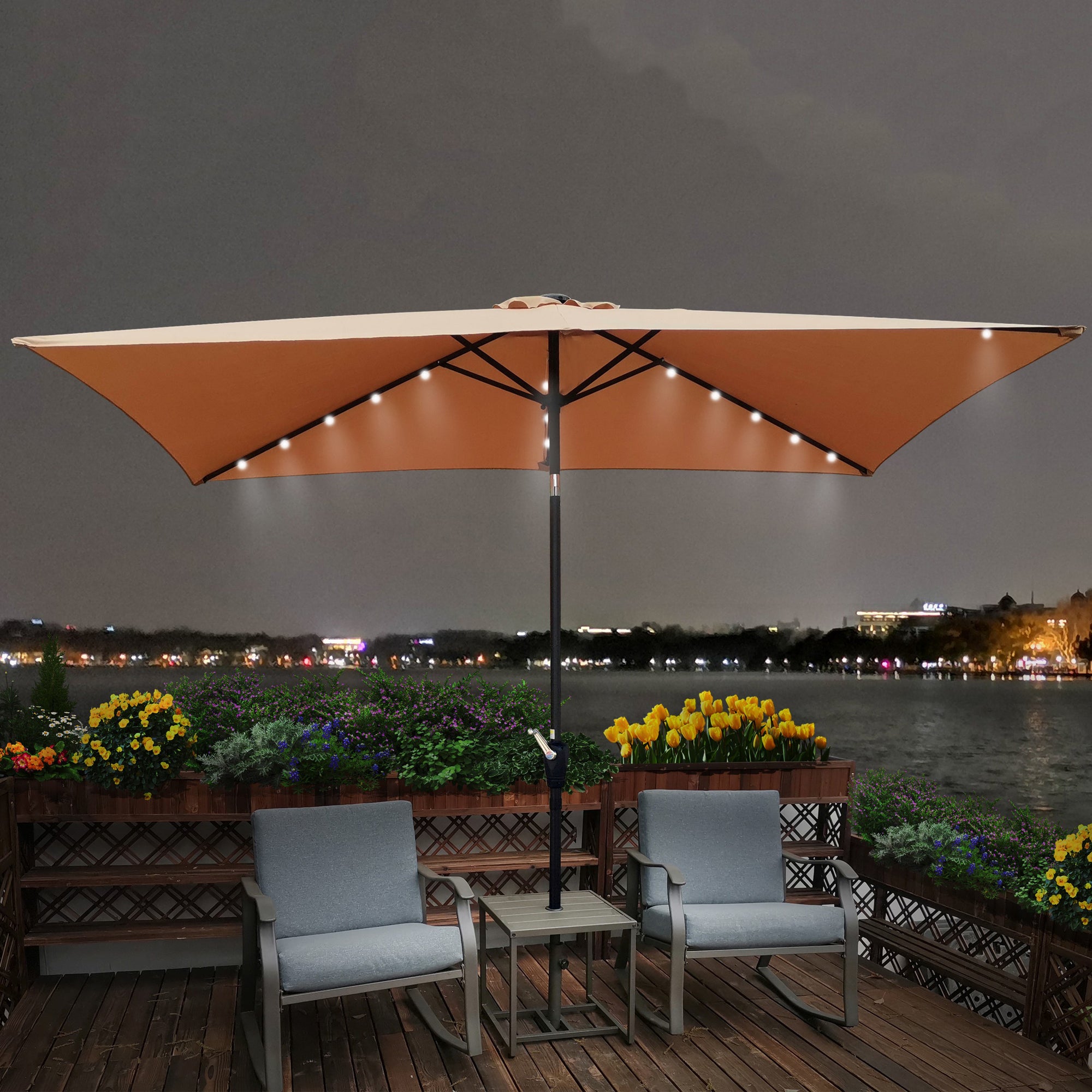 10' X 6.5' Powder-coated steel Patio Umbrella Outdoor Market LED Lights with Crank and Button Tilt