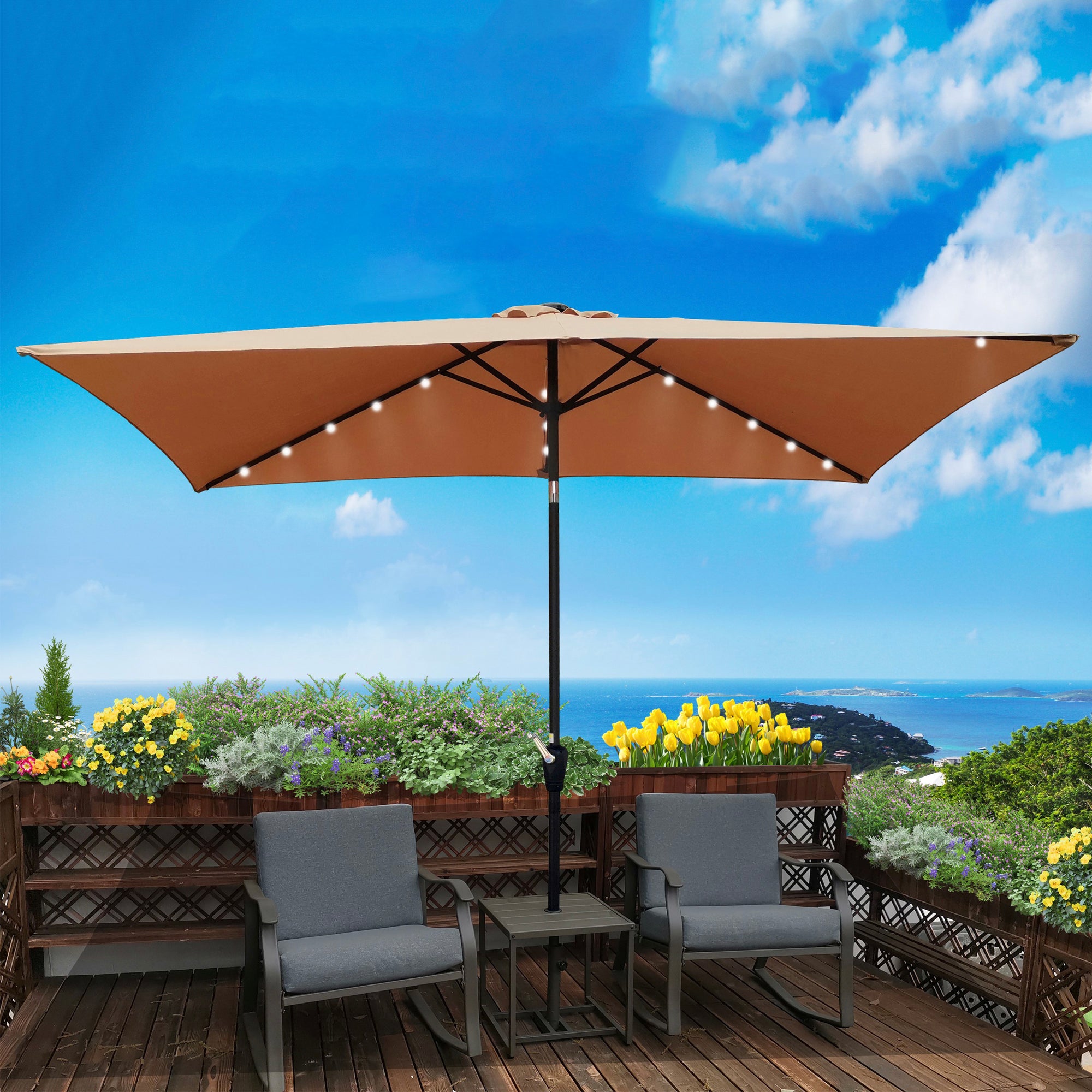 10' X 6.5' Powder-coated steel Patio Umbrella Outdoor Market LED Lights with Crank and Button Tilt