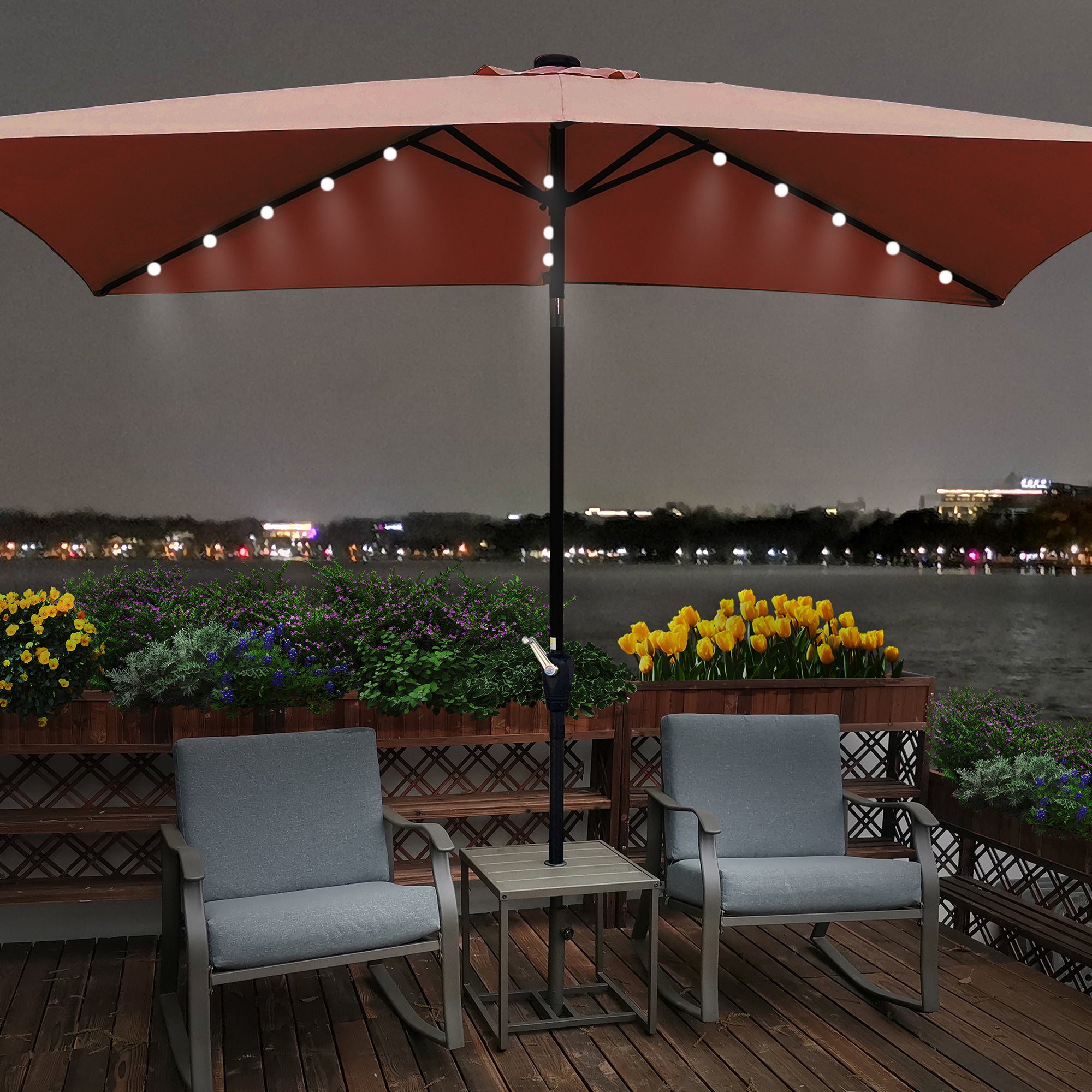 10' X 6.5' Powder-coated steel Patio Umbrella Outdoor Market LED Lights with Crank and Button Tilt