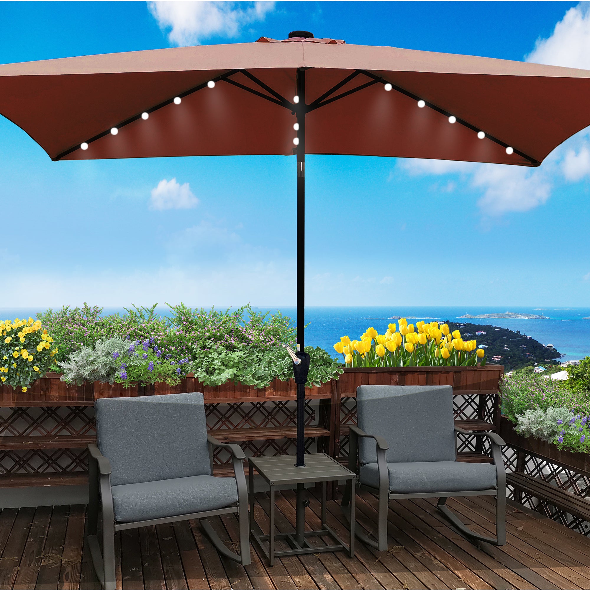 10' X 6.5' Powder-coated steel Patio Umbrella Outdoor Market LED Lights with Crank and Button Tilt