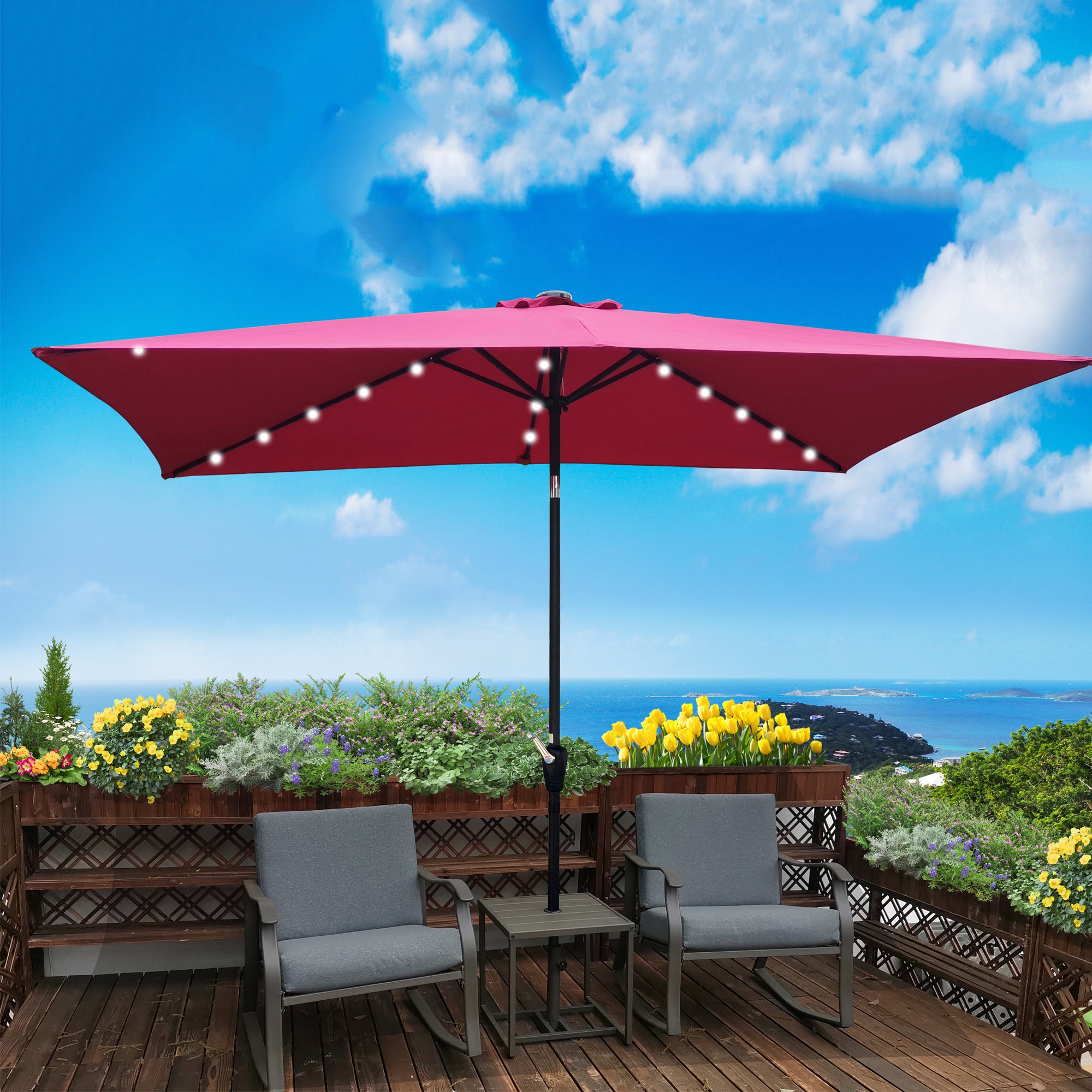 10' X 6.5' Powder-coated steel Patio Umbrella Outdoor Market LED Lights with Crank and Button Tilt