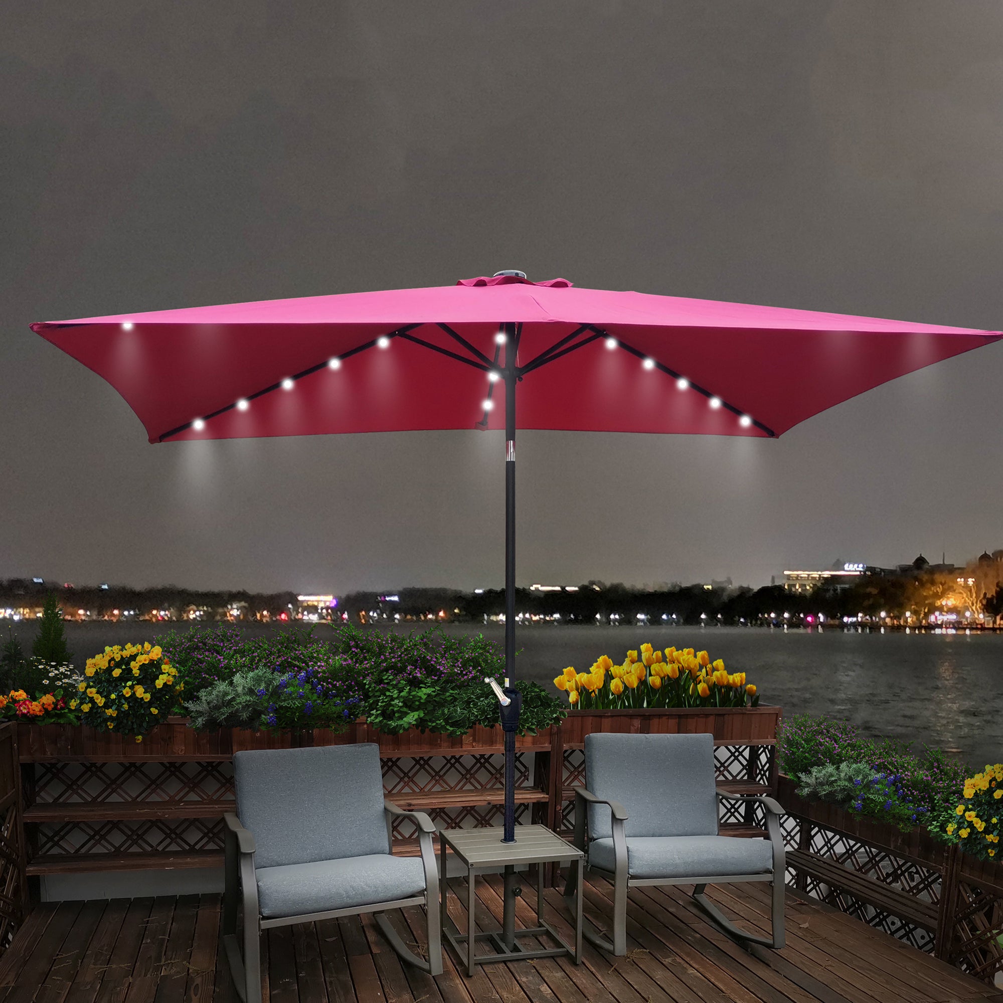 10' X 6.5' Powder-coated steel Patio Umbrella Outdoor Market LED Lights with Crank and Button Tilt