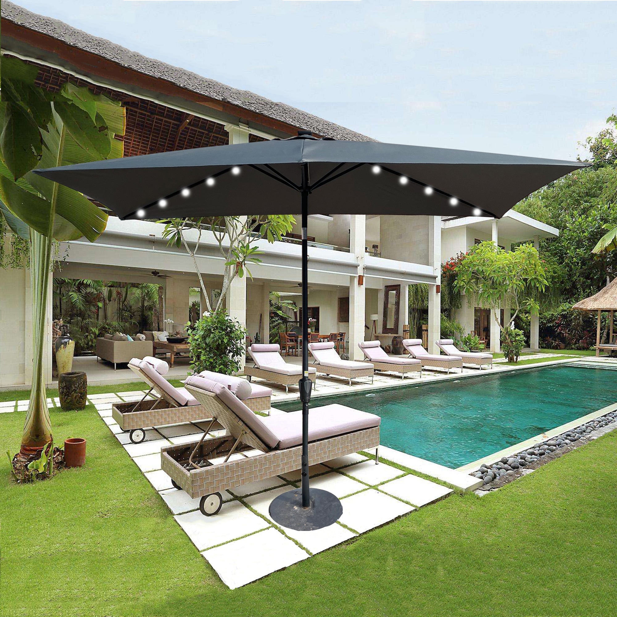 10' X 6.5' Powder-coated steel Patio Umbrella Outdoor Market LED Lights with Crank and Button Tilt