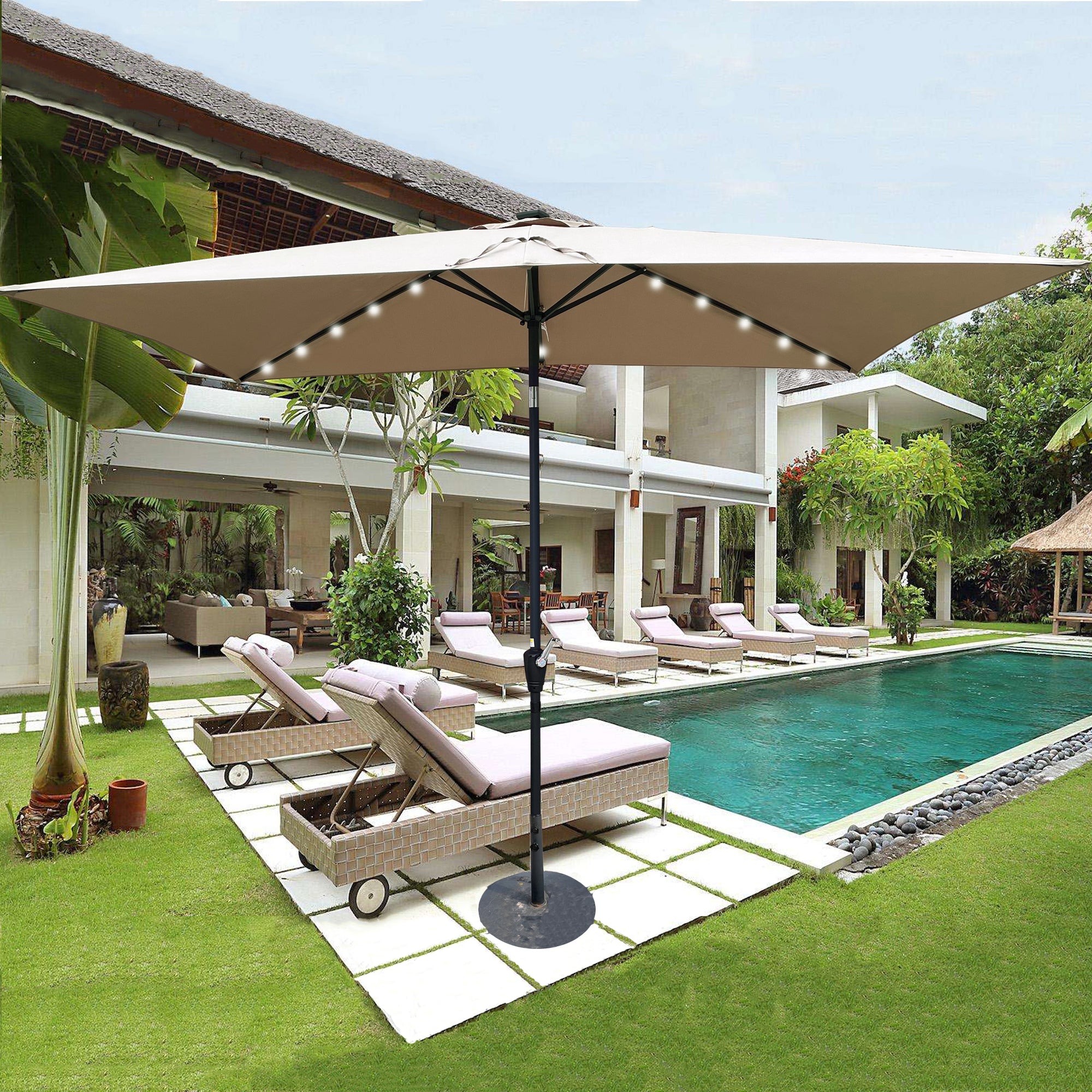 10' X 6.5' Powder-coated steel Patio Umbrella Outdoor Market LED Lights with Crank and Button Tilt