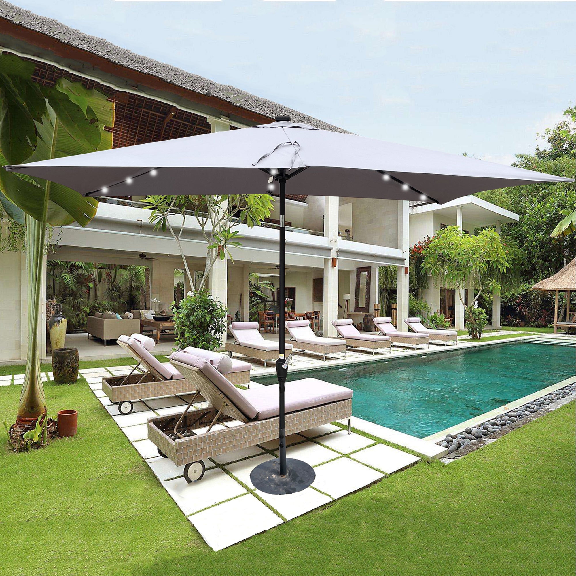 10' X 6.5' Powder-coated steel Patio Umbrella Outdoor Market LED Lights with Crank and Button Tilt