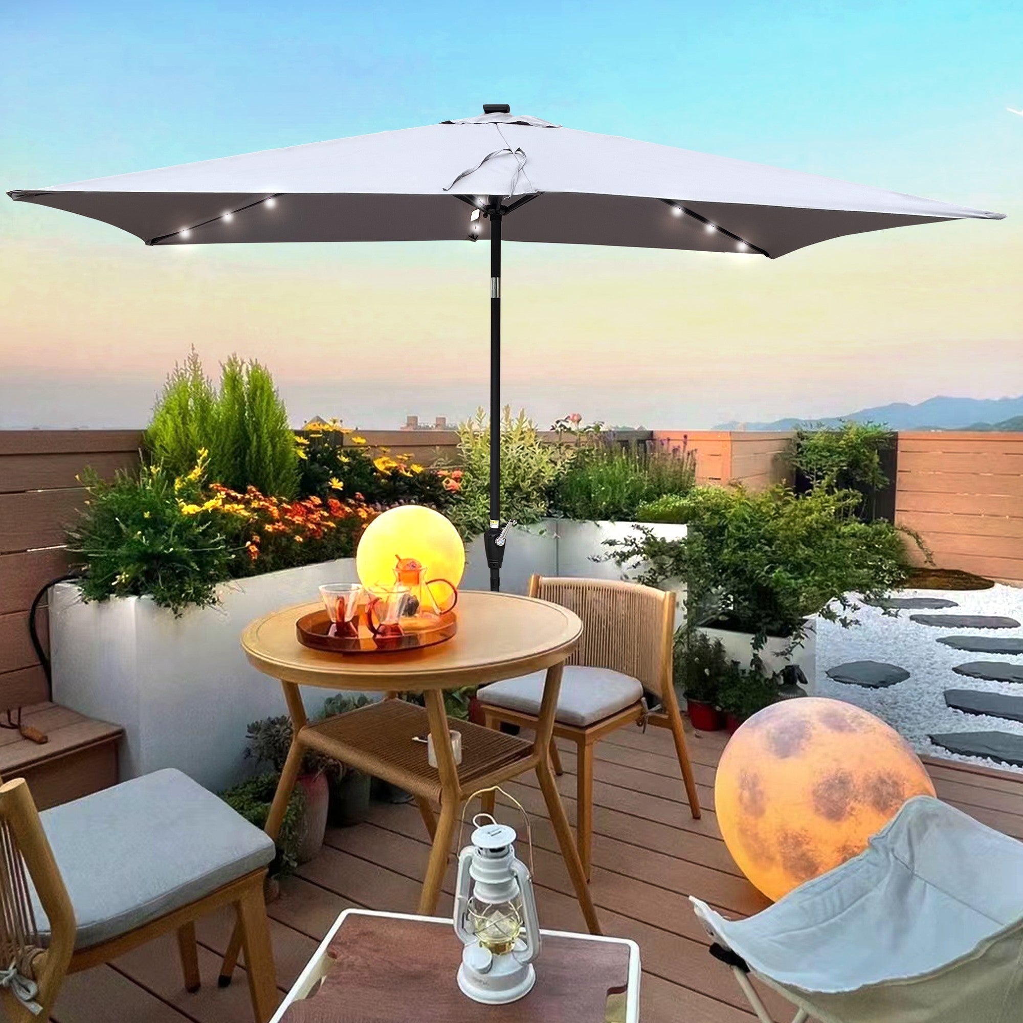 10' X 6.5' Powder-coated steel Patio Umbrella Outdoor Market LED Lights with Crank and Button Tilt